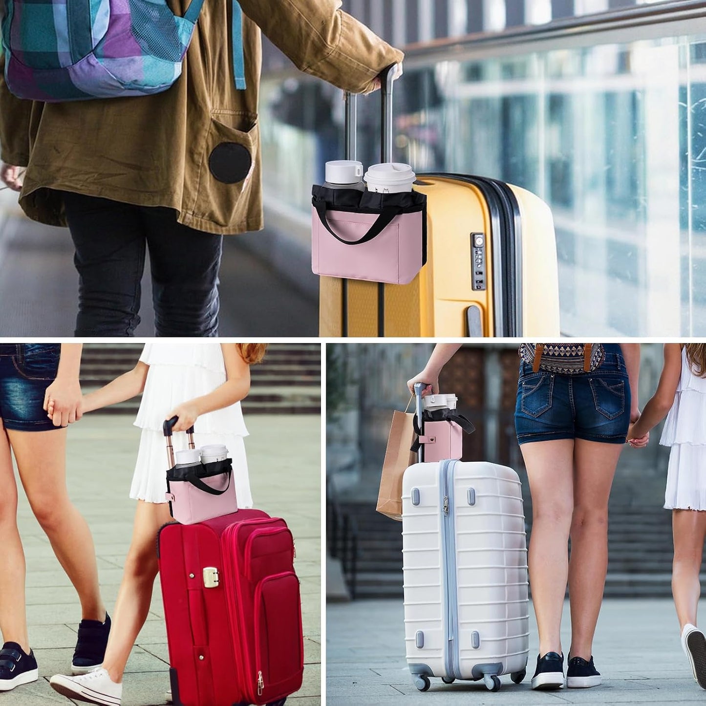 Luggage Cup Holder - Multifunctional Travel Caddy - Fits Suitcase Handles, Also, as a Stroller & Automotive Cup Holder - Pink