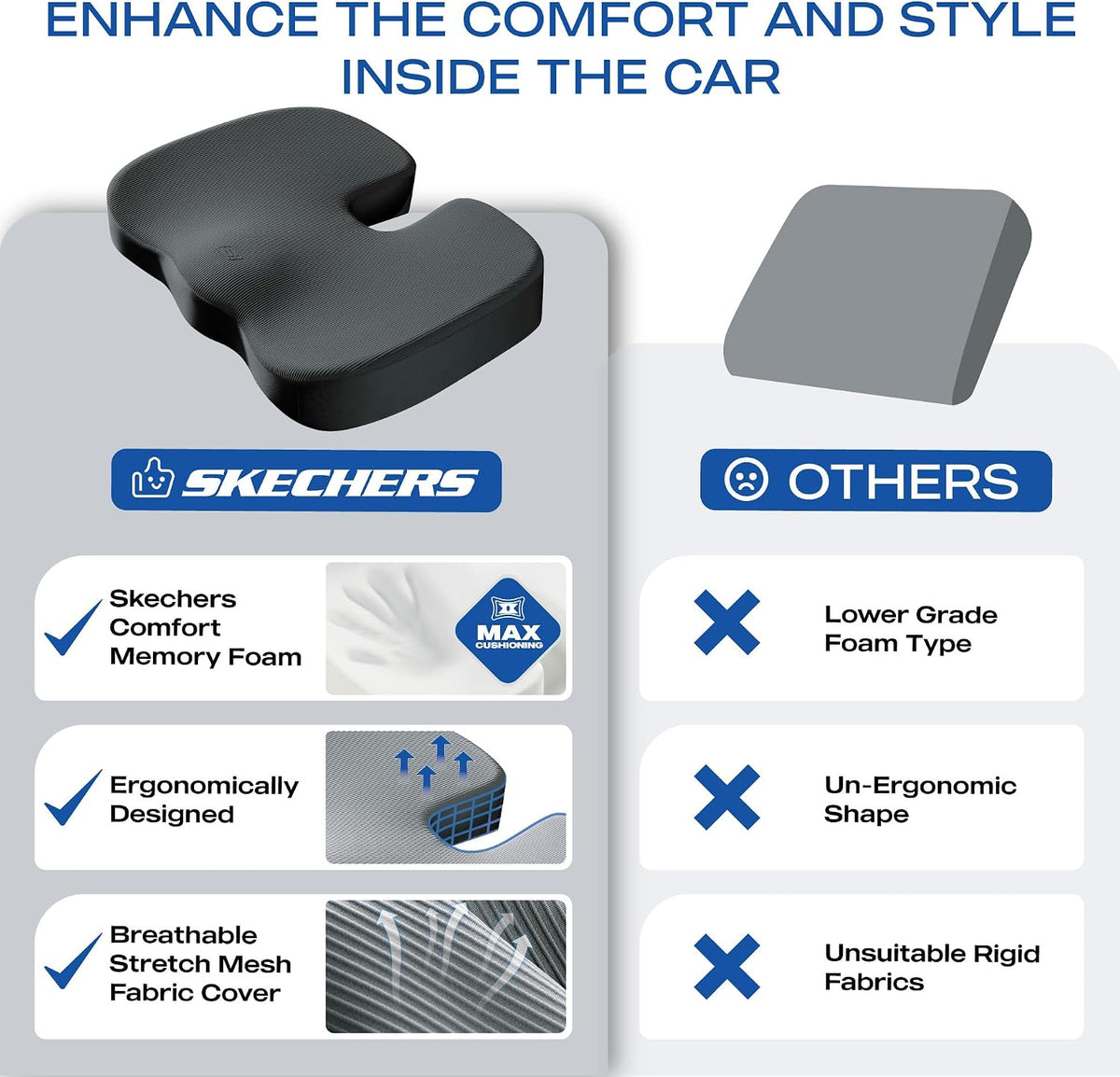 Skechers Memory Foam Seat Cushion,Office Chair Cushion for Tailbone Pain Relief,Butt Pillow for Office Chair,Car seat Cushion,Computer Desk,Long Sitting Office Workers,and Car Drivers,Black