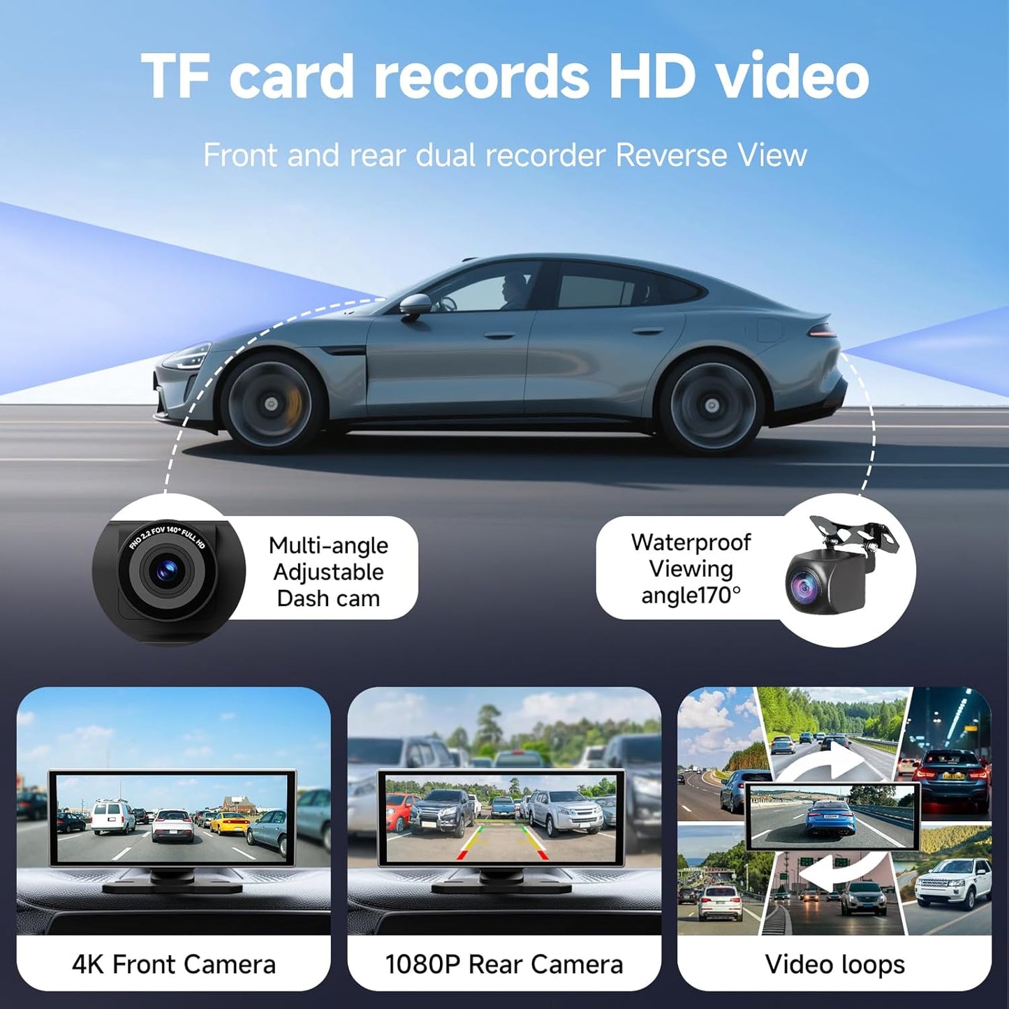 11.26 Inch HD Touchscreen Car Display, Wireless CarPlay/Android Auto Screen for Car, Navigation System with 4K Dash Cam, Backup Camera, 64GB Memory, Voice Control