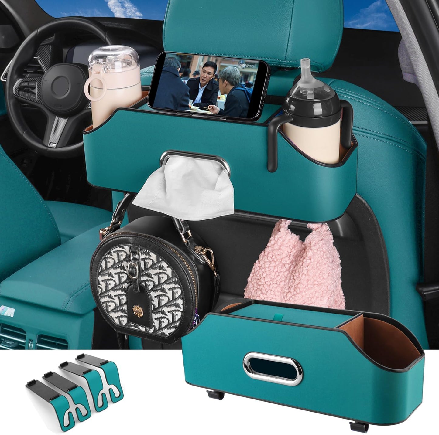 HOLDCY Car Back Seat Organizer with 2 Drink Cup Holder - Tissue Box and Storage Box Hook - Multi-functional Storage - Great for Kids and Travel (Blue)