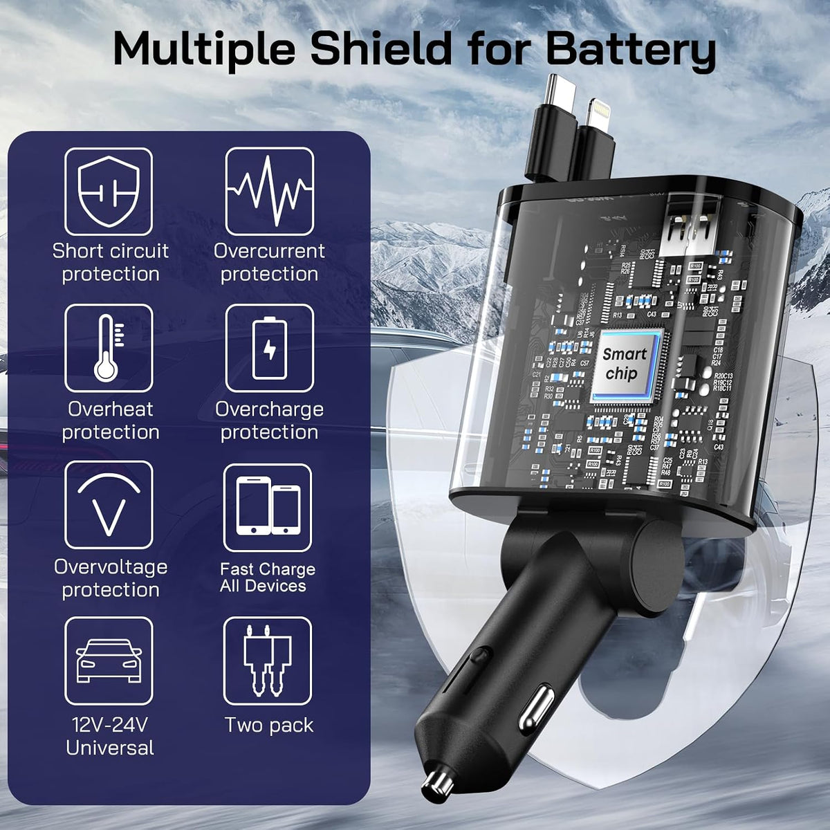 [2 Pack] Retractable Car Charger, 4 in 1 Fast Car Phone Charger Adapter 69W
