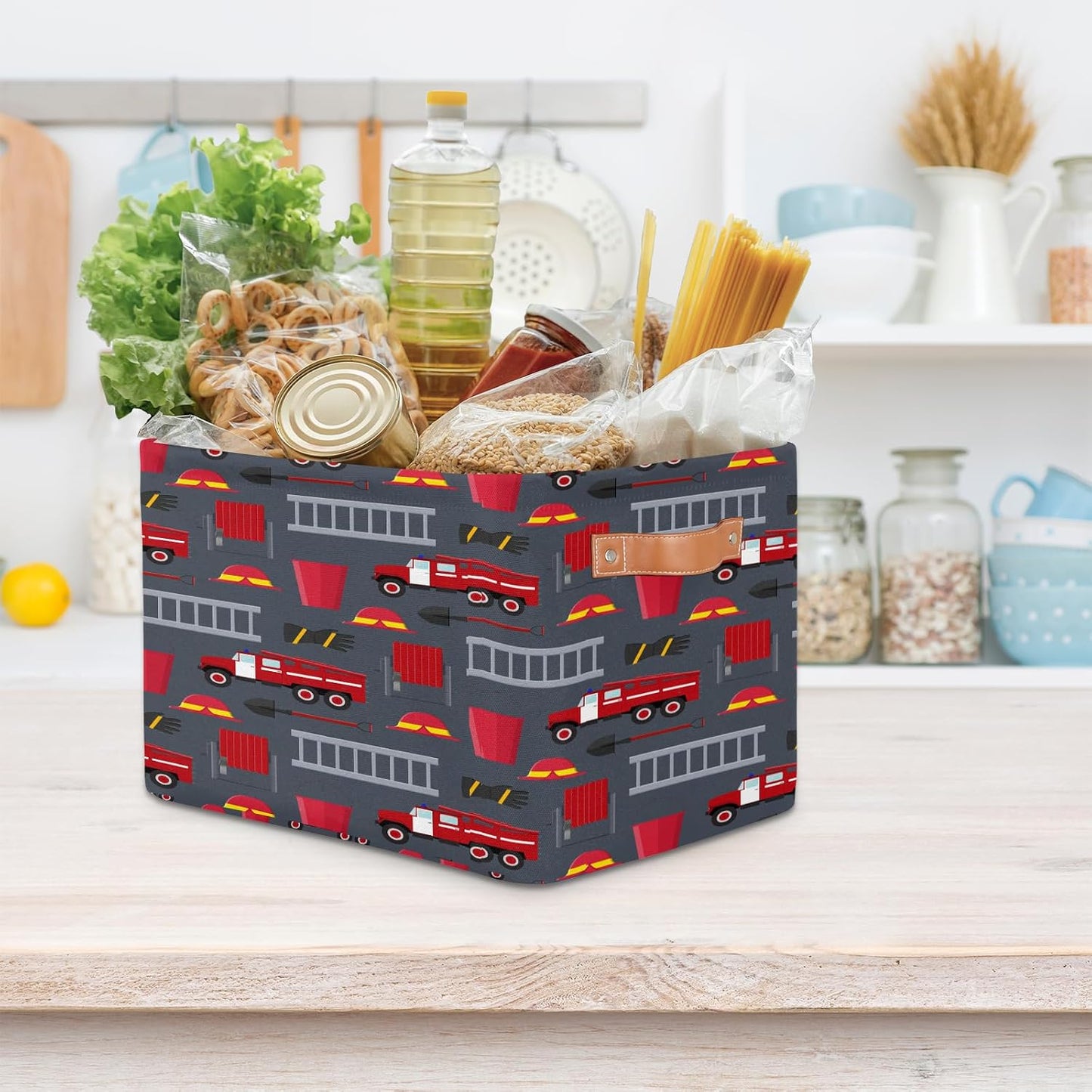 Fire Trucks Large Rectangle Storage Basket Fire Car Storage Bin Collapsible Canvas With Handles For Toy Blanket Clothes Towel Living Room Nursery Storage Organizer