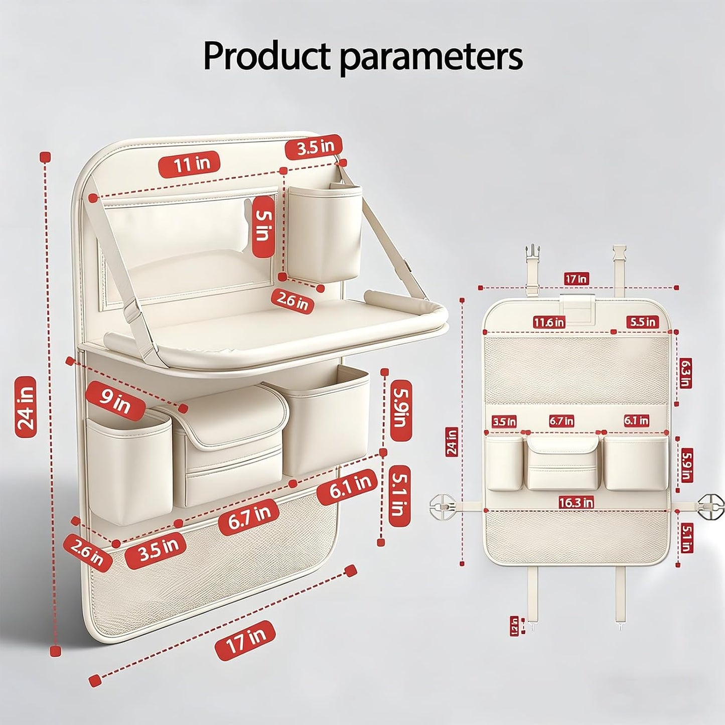 2 Pack Universal Foldable Car Backseat Organizer with Table Tray, Car Seat Back Protector with Touch Screen Phone Holder, Premium Leather Kick Mats with Storage Pockets Tissue Holder (Beige)