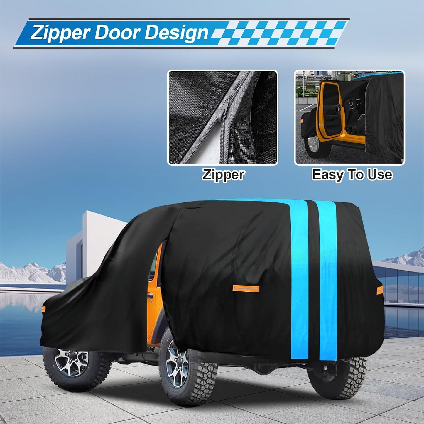Sailnovo Car Cover Jeep Cover Waterproof 4 Door Fit for Jeep Wrangler 4 Doors 2006-2023 JK JL All Weather Sun Rain Snow Wind Hail Protection Outdoor with Door Zipper, Cotton Lining, Reflective Strip