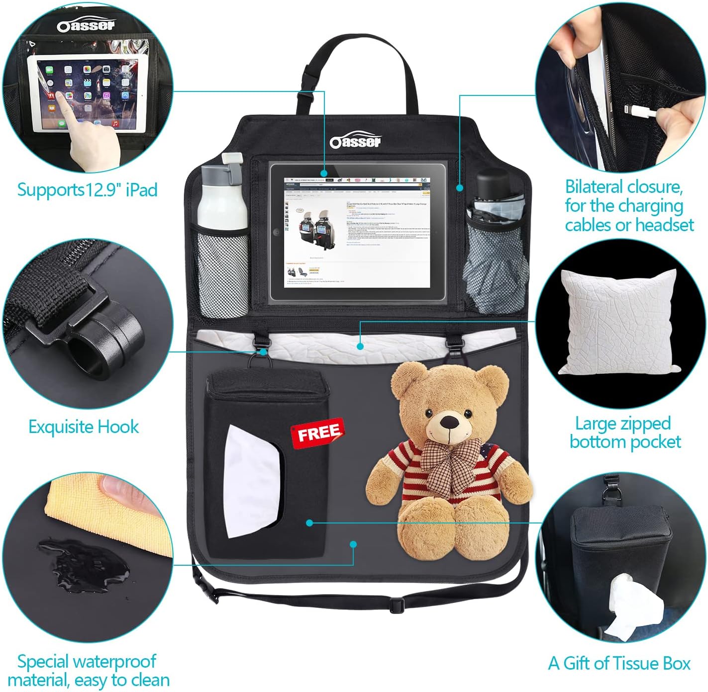 Oasser Seat Back Protector Kick Mats Backseat Car Organizers | 2 Pack, 1 Tissue Box, 12.9" Touch Screen Tablet Holder, Large Back of Seat Protector and Storage for Kids, 8 Pockets, Black