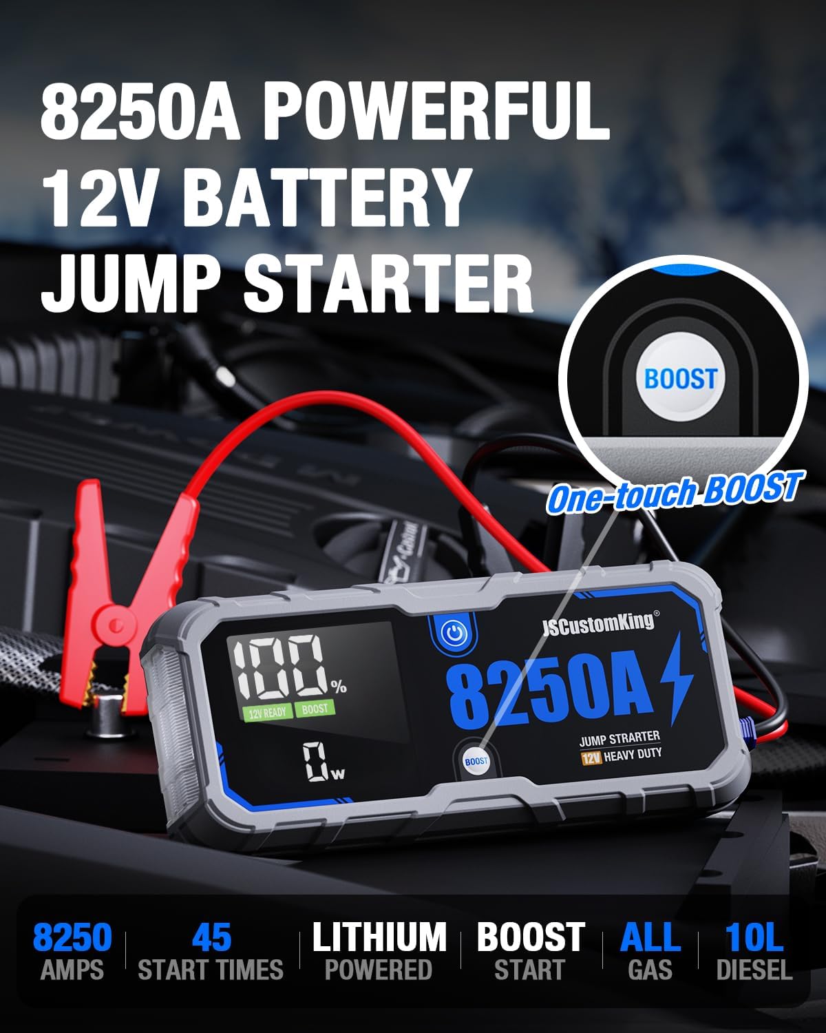8250A Jump Starter Battery Jump Starter Battery Pack with PD-65W (for All Gas or 10.0+L Diesel), 12V Potable Car Jump Start with 4.01 inch HD Screen, 2 USB Power Bank 24-Months Stand-by Time
