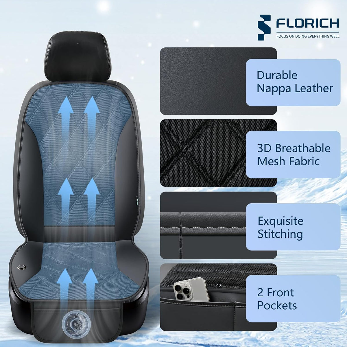 FLORICH Cooling Car Seat Cover Ventilated Cooling Car Seat Cushion with 3-Speed Adjustable Cooling Seat Pad Universal Fit Car SUV Truck Van for Summer Driving, Black