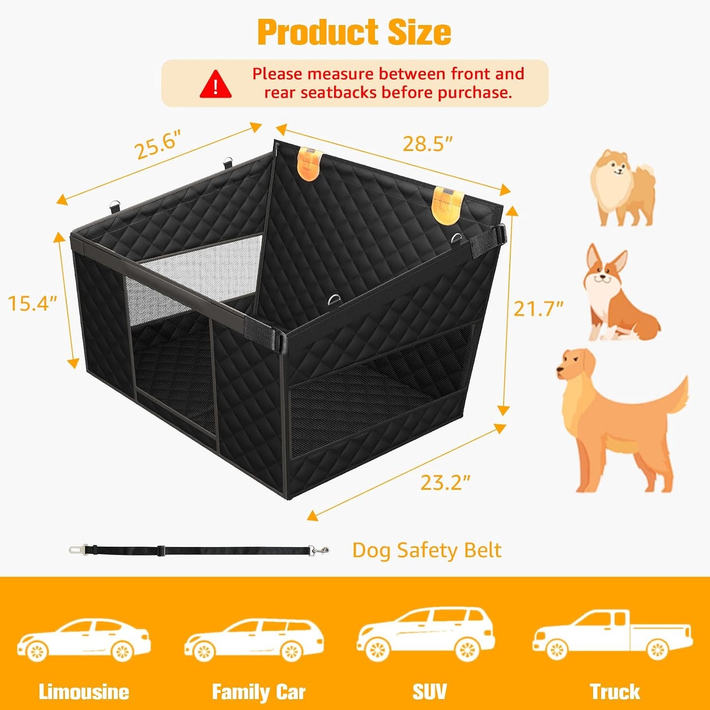 PETICON Large Dog Car Seat, Back Seat Extender for Dogs with 3 Mesh Windows, Waterproof Medium Carseat for Dogs with Hard Bottom, Pet Seat Cover for Cars, Trucks and SUVs