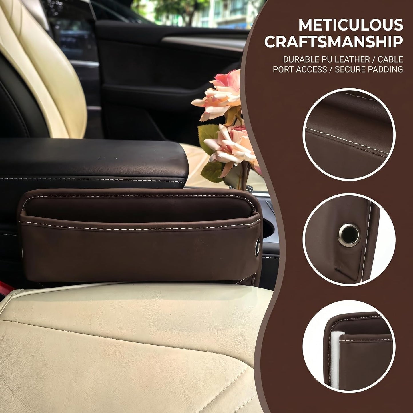Car Seat Gap Organizer | PU Leather Seat-Side Storage Pocket with Cable Port | Fits Most Cars, SUVs and Trucks | White