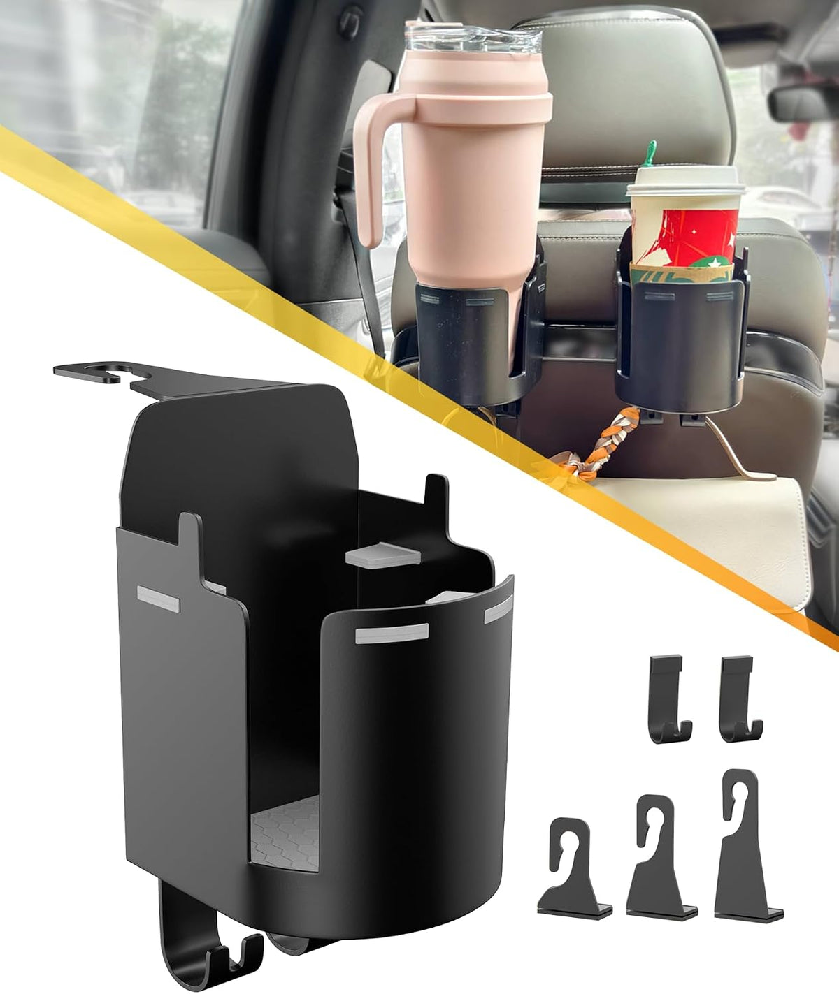 Headrest Cup Holder for Back Seat, Stable Spill-Resistant Drink Holder with Hooks for Bags, Fits 50oz Bottles, Compatible with Sedans, SUVs, and Trucks 2 Pack