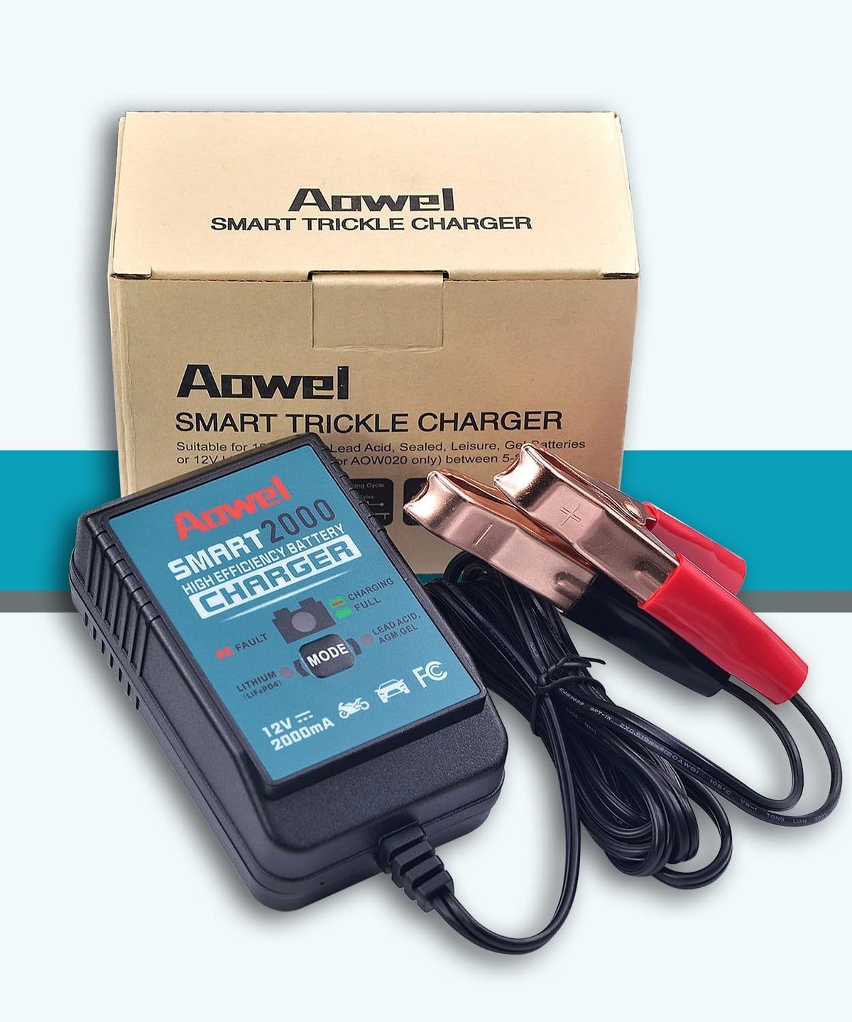 Aowel 2A 12V Smart Battery Charger, Trickle Charger & Maintainer for Car, Motorcycle, ATVs and More