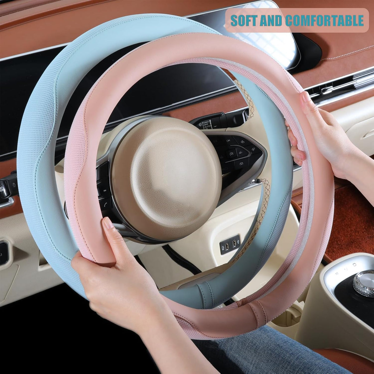 Nappa Leather Ice Silk Fabric Blue Steering Wheel Cover