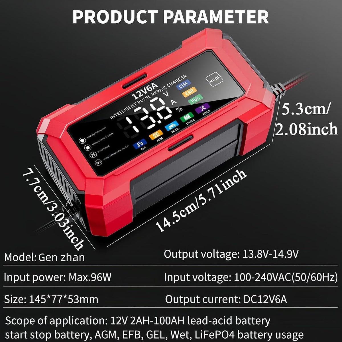 6 Amp Battery Charger, 12V Automatic Smart Battery Trickle Charger, Battery Maintainer Desulfator with Temperature Compensation for Car Truck Motorcycle Lawn Mower Marine