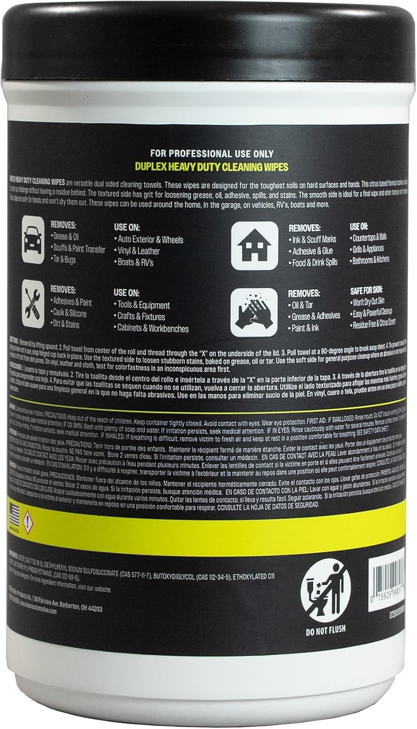 Malco Duplex Heavy Duty Cleaning Wipes for Home and Auto - Dual Sided Textured, Wet Wipe/Removes Grease, Tar, Paint, Oil, Dirt/No Residue/Safe for Hands/Made in USA (130 Wipes)