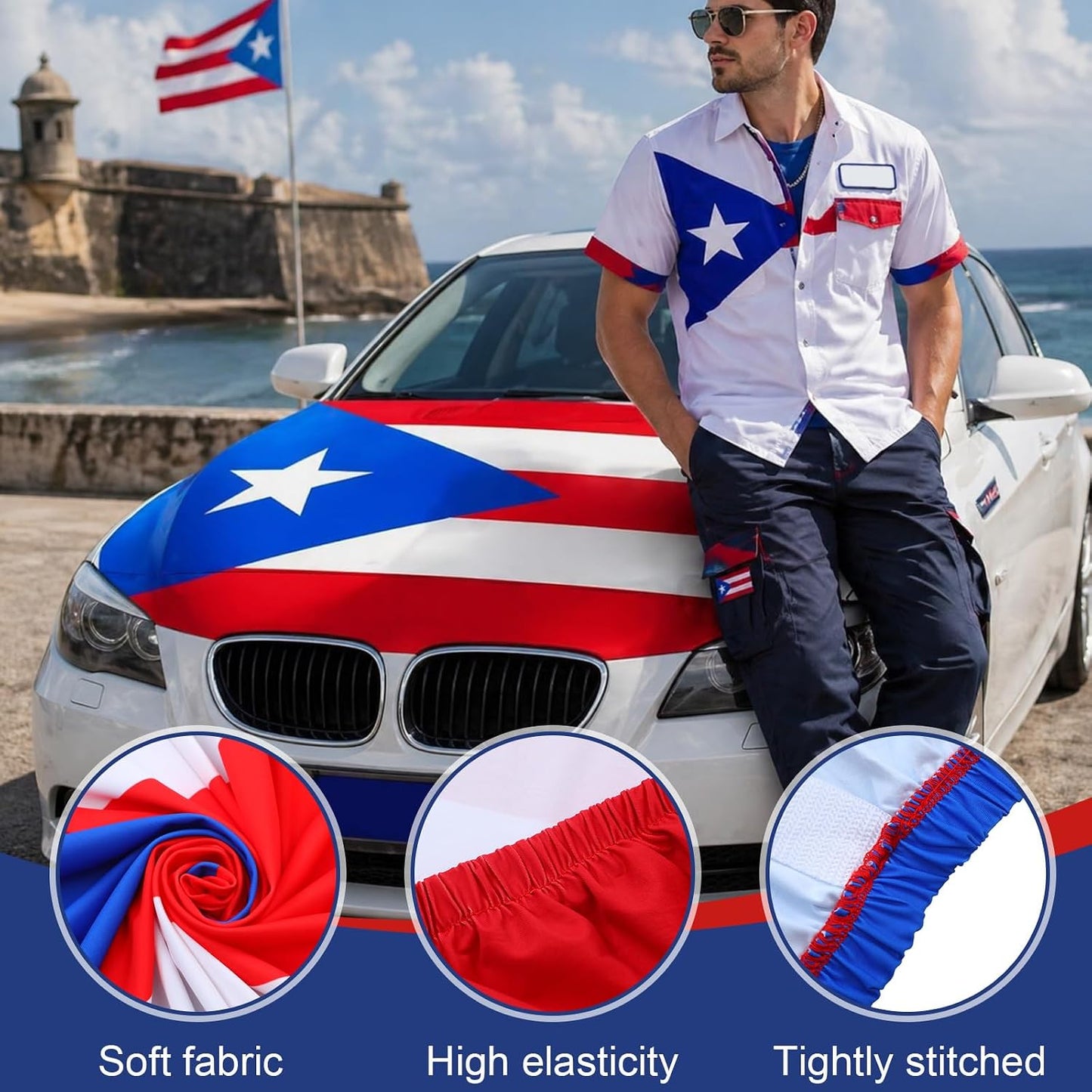 1 Pack Puerto Rico Flag Car Hood Cover 250th Anniversary Weatherproof Car Cover with Adjustable Elastic Straps 63 x 47 Inch Universal Fit Engine Shield for Trucks Suvs All Seasons Outdoor