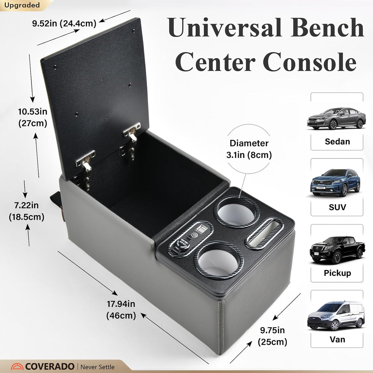 Coverado Car Center Console, Universal Bench Seat Consoles, Truck Center Console Automotive Center Console, Back Seat Organizer With Cup Holder+Phone Holder, Central Armrest Storage Box (Update, Gray)