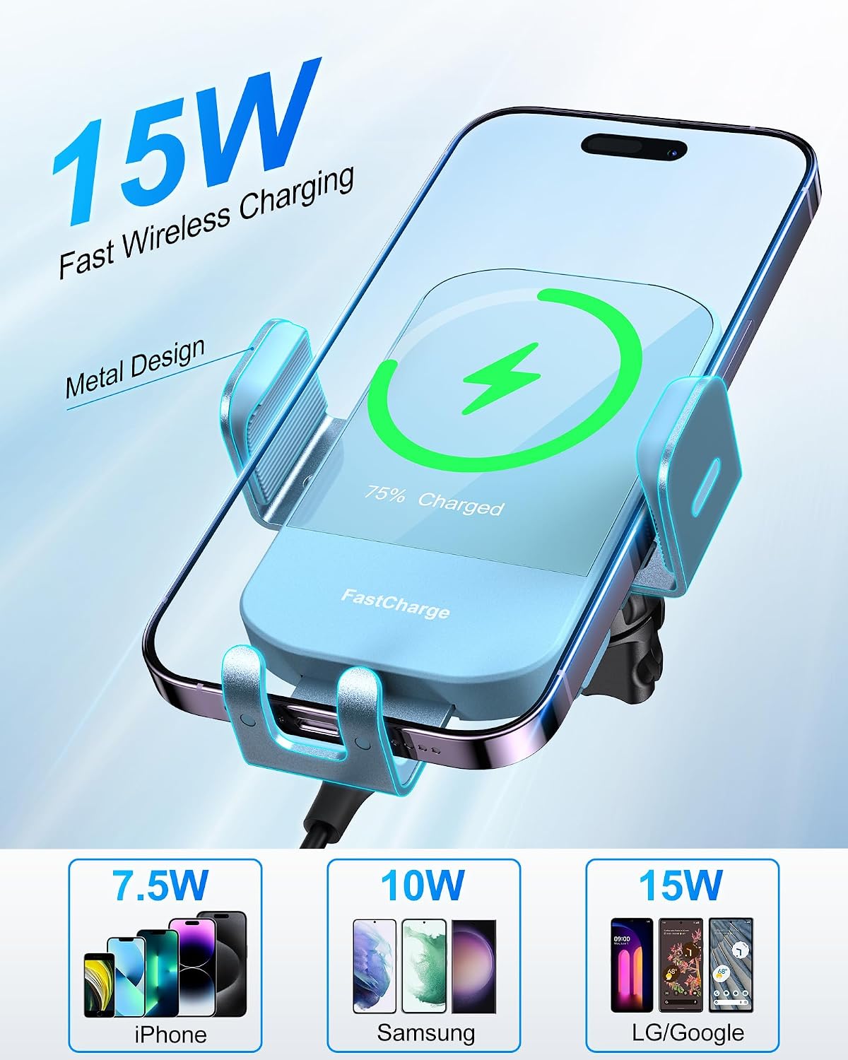 Wireless Car Charger, 15W Fast Charging Auto Clamping Car Charger Phone Mount Phone Holder fit for iPhone 15 14 13 12 11 Pro Max Xs, Samsung Galaxy S24 Ultra S23 S22 S21, S20, S10+, Cyan