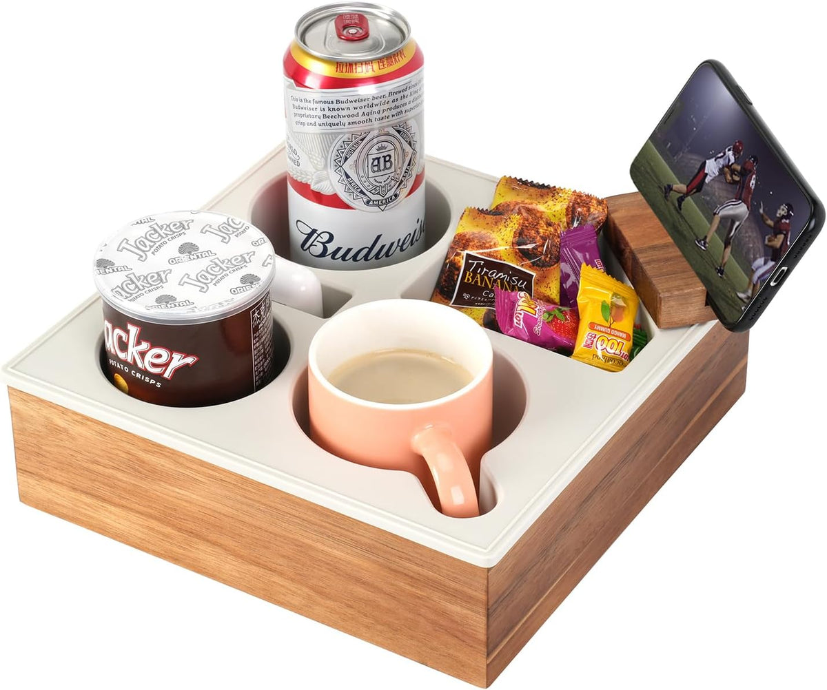 Couch Cup Holder Tray, Handy Soft Silicone Acacia Wooden Couch Caddy for Bed Car Seat Beach Organizer, Waterproof Anti-Spill Sofa Cup Holder for Snacks Beverage Remote (Green)