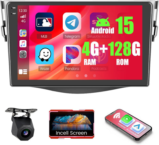 4+128GB Android 15 Car Radio for Toyota RAV4 2006-2012 Wireless Carplay Android Auto, 9" 1280 * 720P in-Cell Touch Screen Car Stereo with WiFi Bluetooth GPS FM/RDS EQ Backup Camera MIC