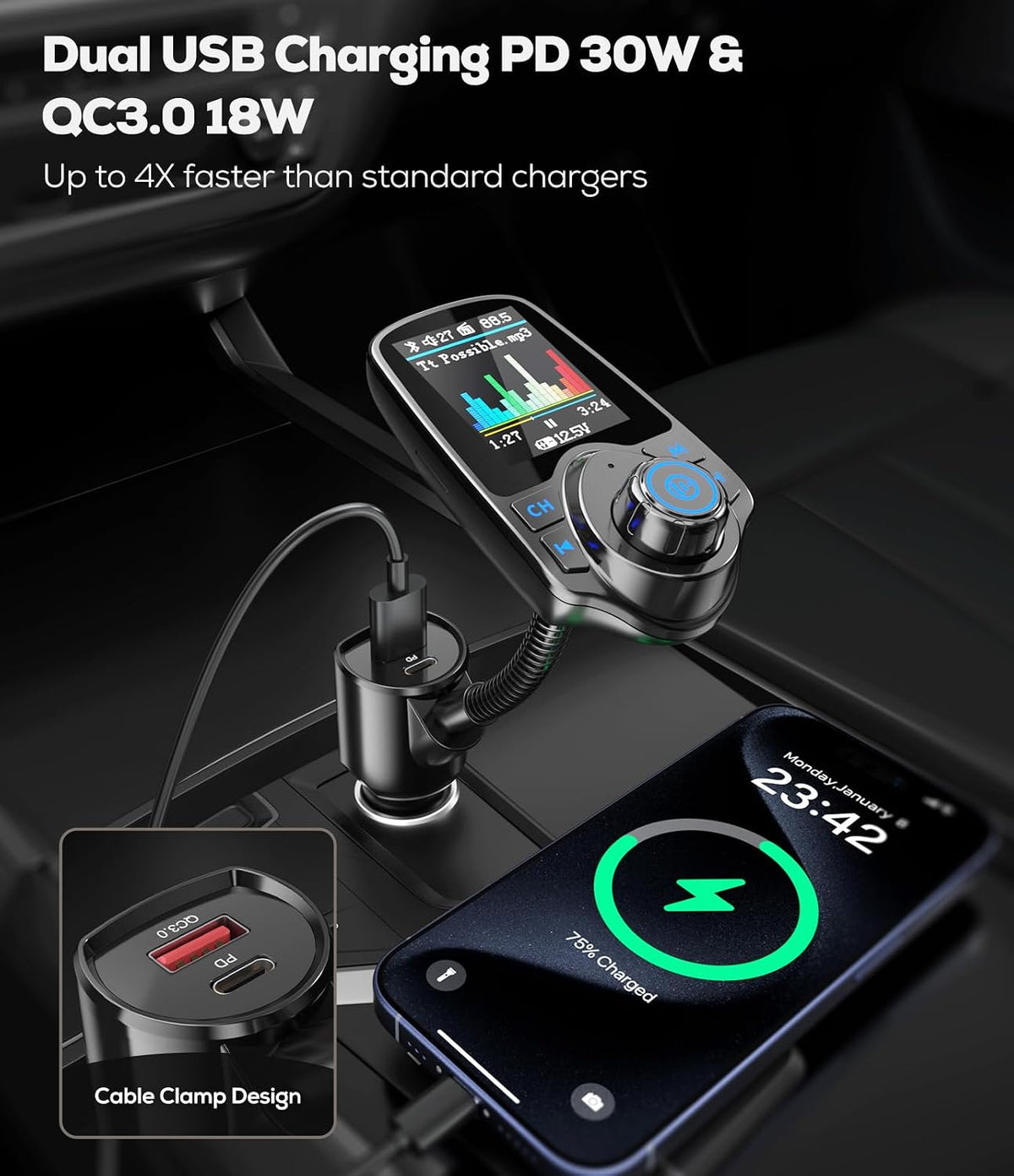 Nulaxy 1.8" Color Screen 48W Bluetooth 5.4 Car Adapter FM Transmitter