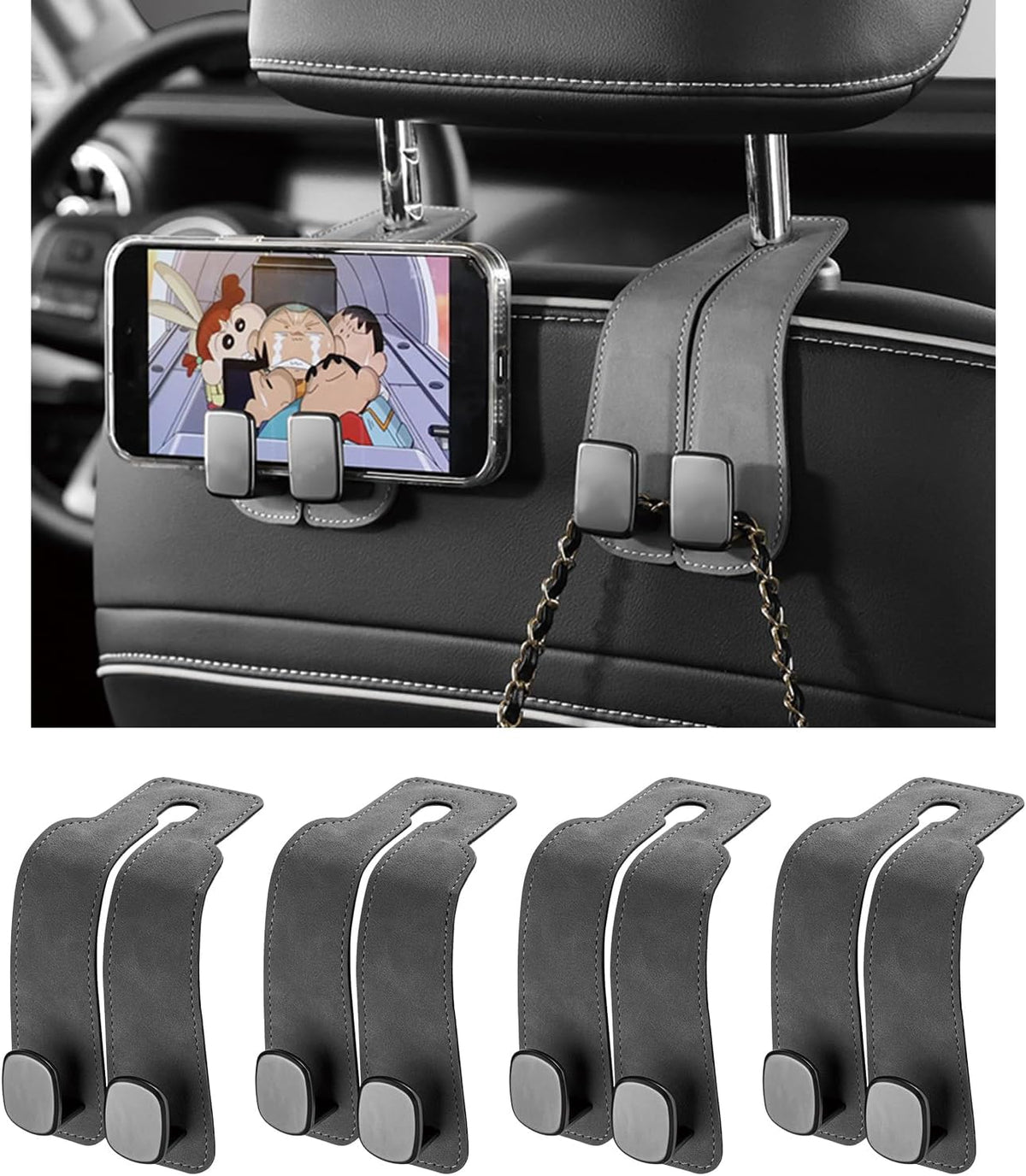 KINIVA Car Seat Headrest Storage Hooks, Set of 2, Suede PU Leather, Double Hooks (Grey-4 Pack)