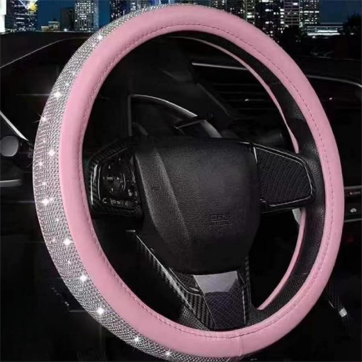 Bling Rhinestone Steering Wheel Cover, Pink Leather Anti-Slip Breathable, Universal Fit 14.5-15 Inch for Women
