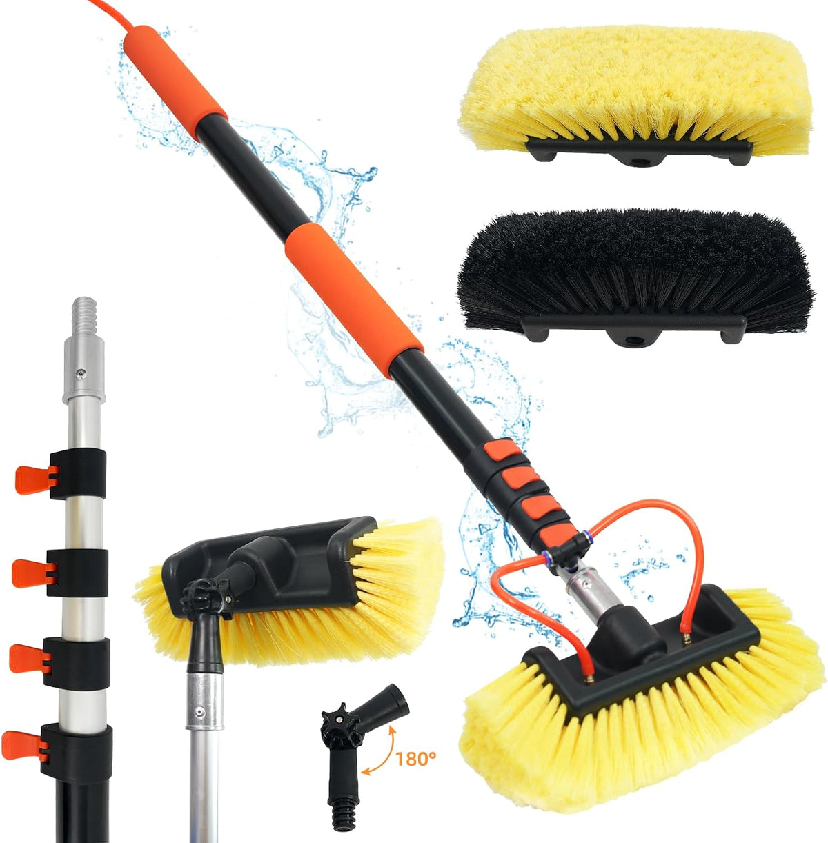 12FT Car Wash Brush with Long Handle Hose Attachment Telescopic Pole with Angle Adapter 12" Soft and Hard Bristle Cleaning Brush for Car Truck RV House Floor Window Roof Pool Solar Panels