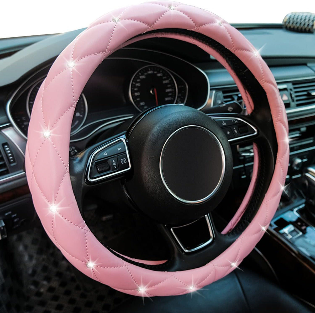 Diamond Leather Bling Steering Wheel Cover, Universal Car Steering Wheel Protector with Crystal Rhinestones Anti-Slip Soft Interior Accessories for Women and Girl Fit 15 inch -Black