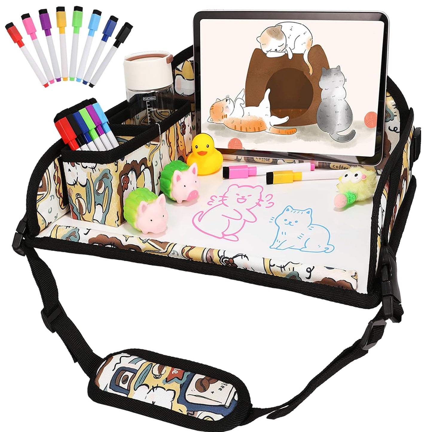 Upgraded Kids Travel Tray for Airplane - Toddler Car Seat Table Tray, Road Trip Essentials for Boys & Girls, Carseat Lap Desk for Kids Road Trip Activities, Black - 2 PCS