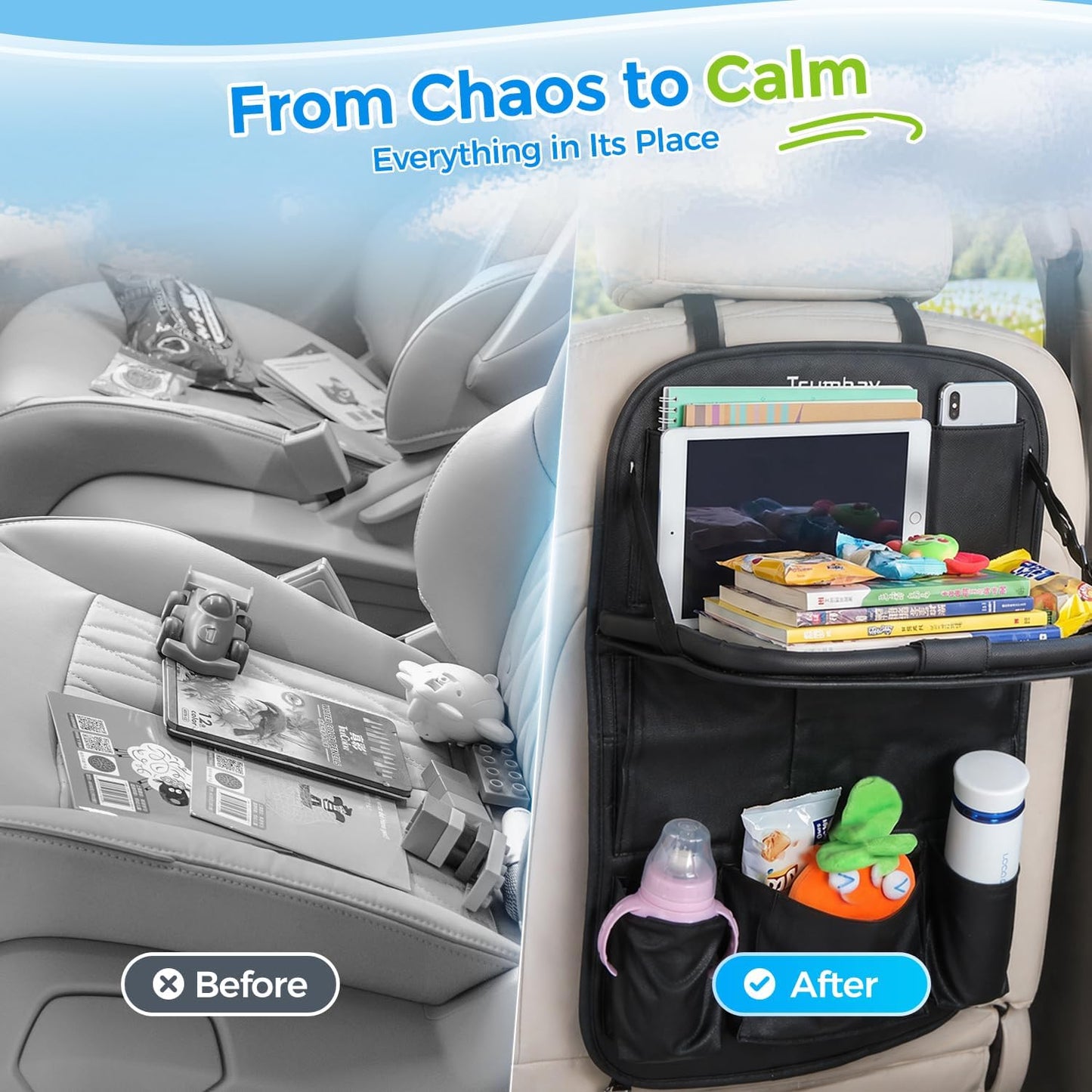 Tsumbay Car Backseat Organizer with Tablet Holder,9 Storage Pockets Foldable Table Tray Seat Back Protectors Kick Mats -PU Leather 1Pck