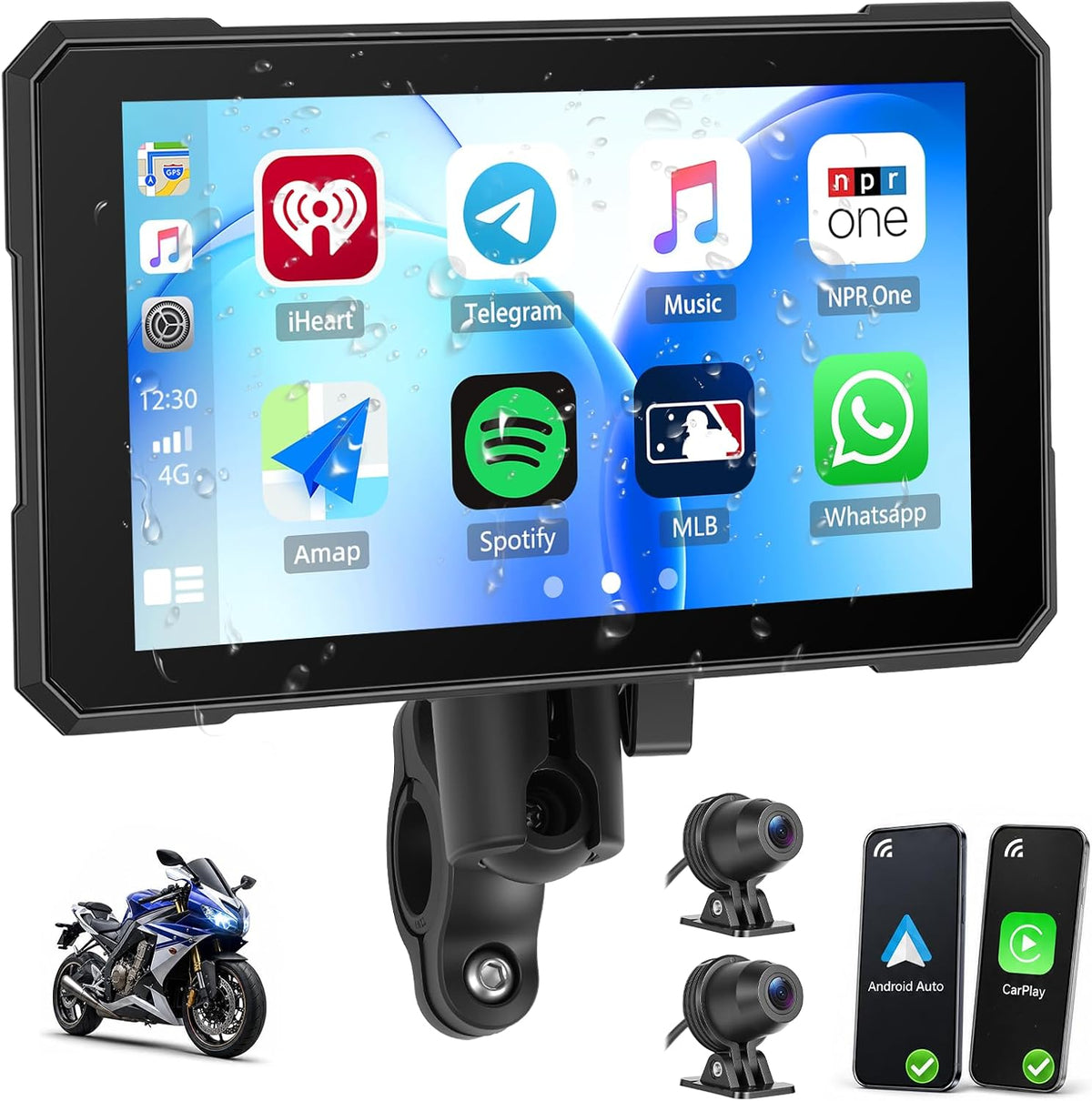UNITOPSCI 5'' Motorcycle CarPlay Screen, Motorcycle with Dual 1080P Dash Cam, Supports Wireless A-pple CarPlay Android Auto Screen with GPS Navigation Moto Bluetooth IP67 Waterproof