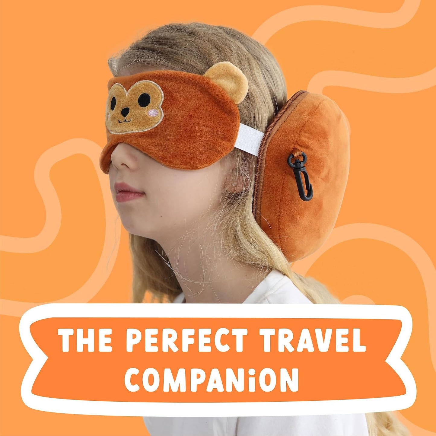 ecoZen Lifestyle Travel Pillow Set with Eye Mask - Comfort for Traveling Kids - Soft and Supportive Kids Sleep Mask Neck Pillow for Plane, Car, or Train Journeys - Monkey Design