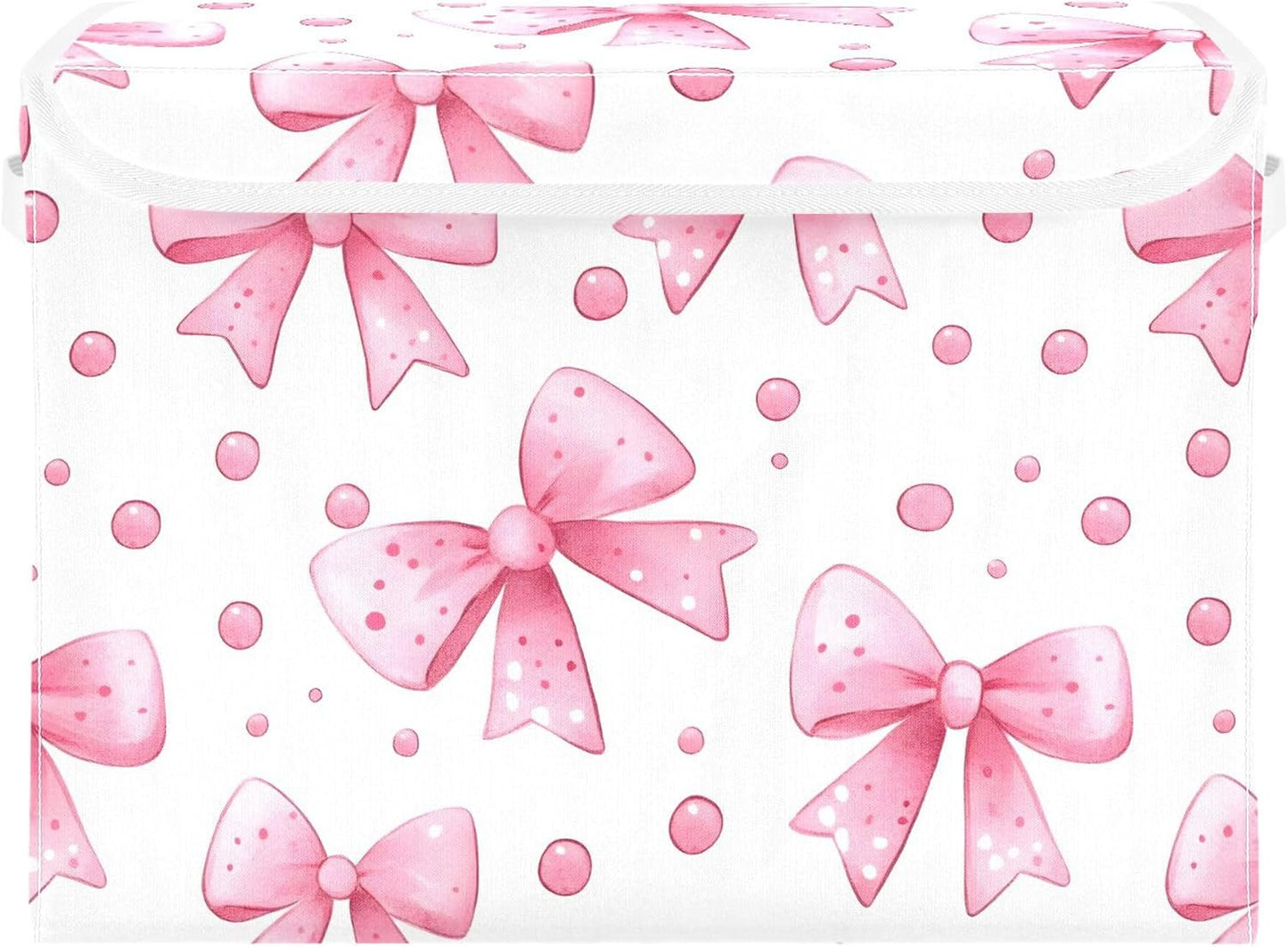 Bows and Polka Dots Storage Bins with Lids and Carrying Handle,Foldable Storage Boxes Organizer Containers Baskets Cube with Cover for Home Bedroom Closet Office