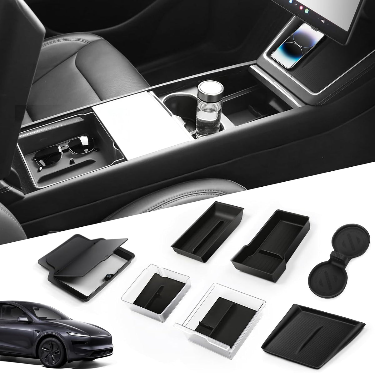 9PCS Center Console Organizer Set for Tesla Model Y Juniper 2026, Console Storage Tray Kit with Anti-Slip Wireless Charging Pad, Armrest Organizer & Cup Holder Insert (Not for Standard)