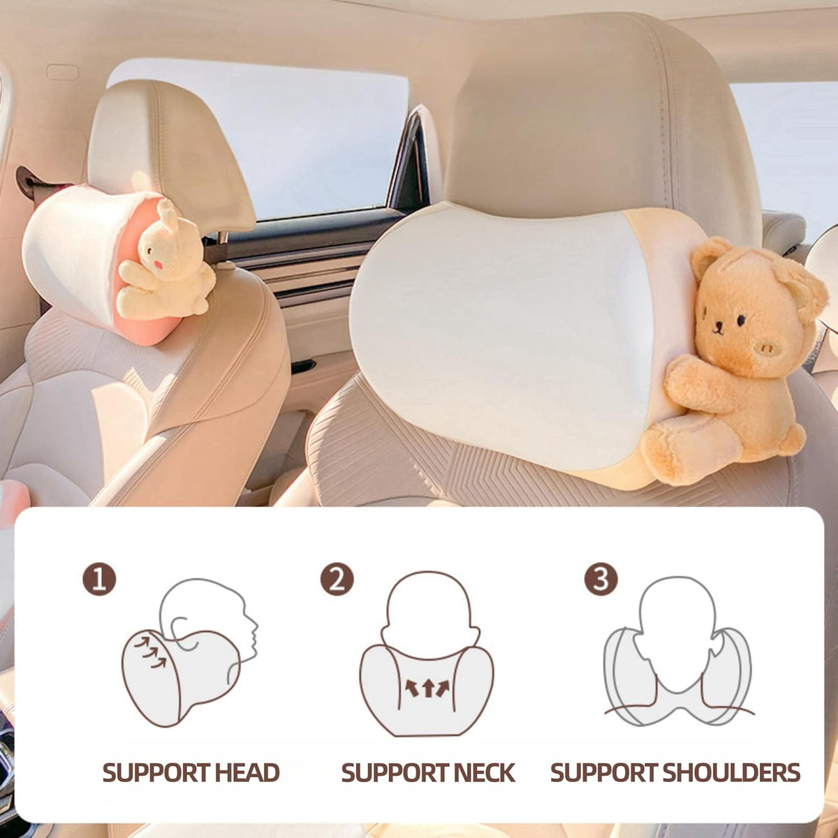 Car Headrest Pillow 2PCS Bear or Bunny Car Seat Neck Pillow Car Decor Memory Foam Neck Support Cushions for Comfortable Driving, Easy Install &amp; Washable (Pink)