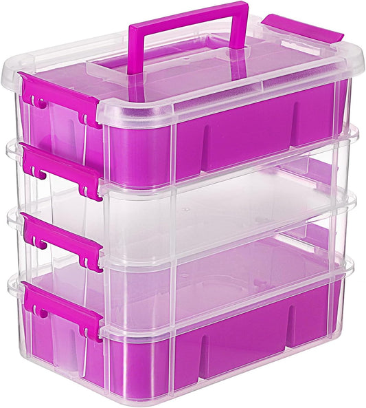 JUXYES 4-Tiers Stack Carry Storage Box Clear Storage Bin Container, Purple | 2 Divided Tray, Transparent Stackable, Handle Lid Latching, School & Office Supplies