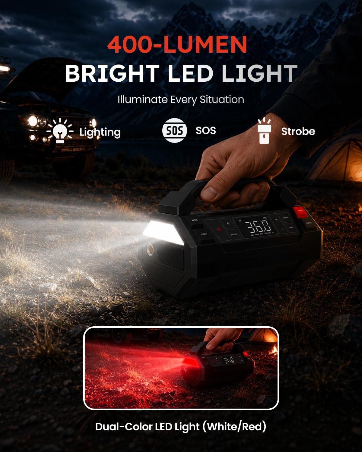 Tire Inflator Portable Air Compressor, Jump Starter, Car Vacuum Cleaner & LED Work Light, 4-IN-1 Multi-Function Design Cordless Tire Inflator with Digital Display for Cars