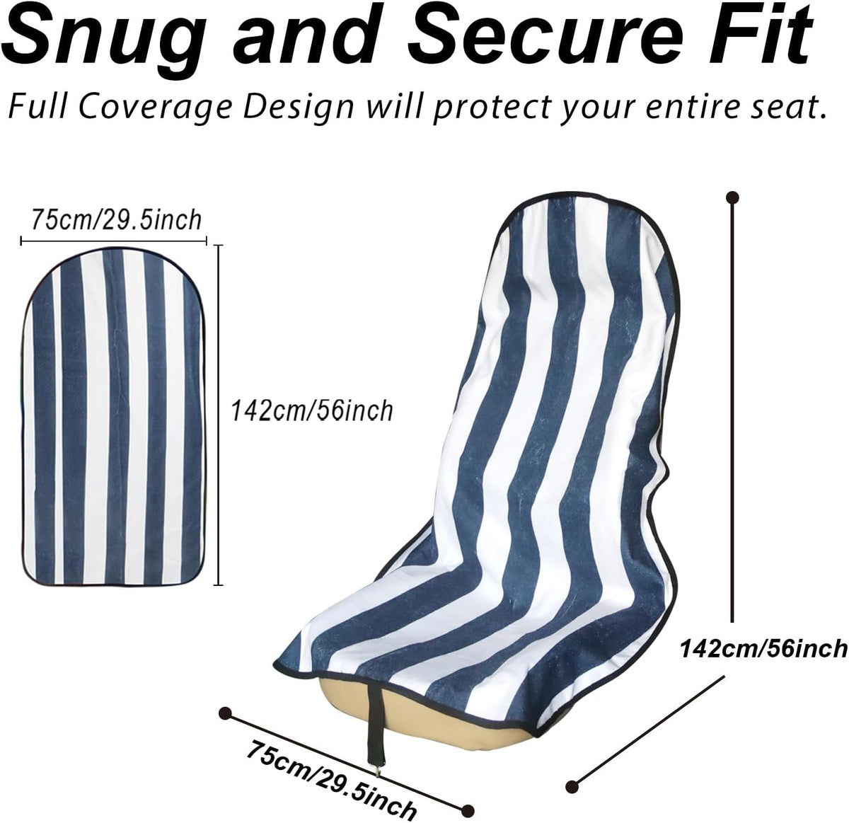 Sweat Towel Car Seat Cover Protector Front Seats for Gym Workout, Running, Swimming, Beach and Hiking, Waterproof Universal Seat Cover for Car, Trucks, Van & SUV (1, White/Blue Stripe, Front)