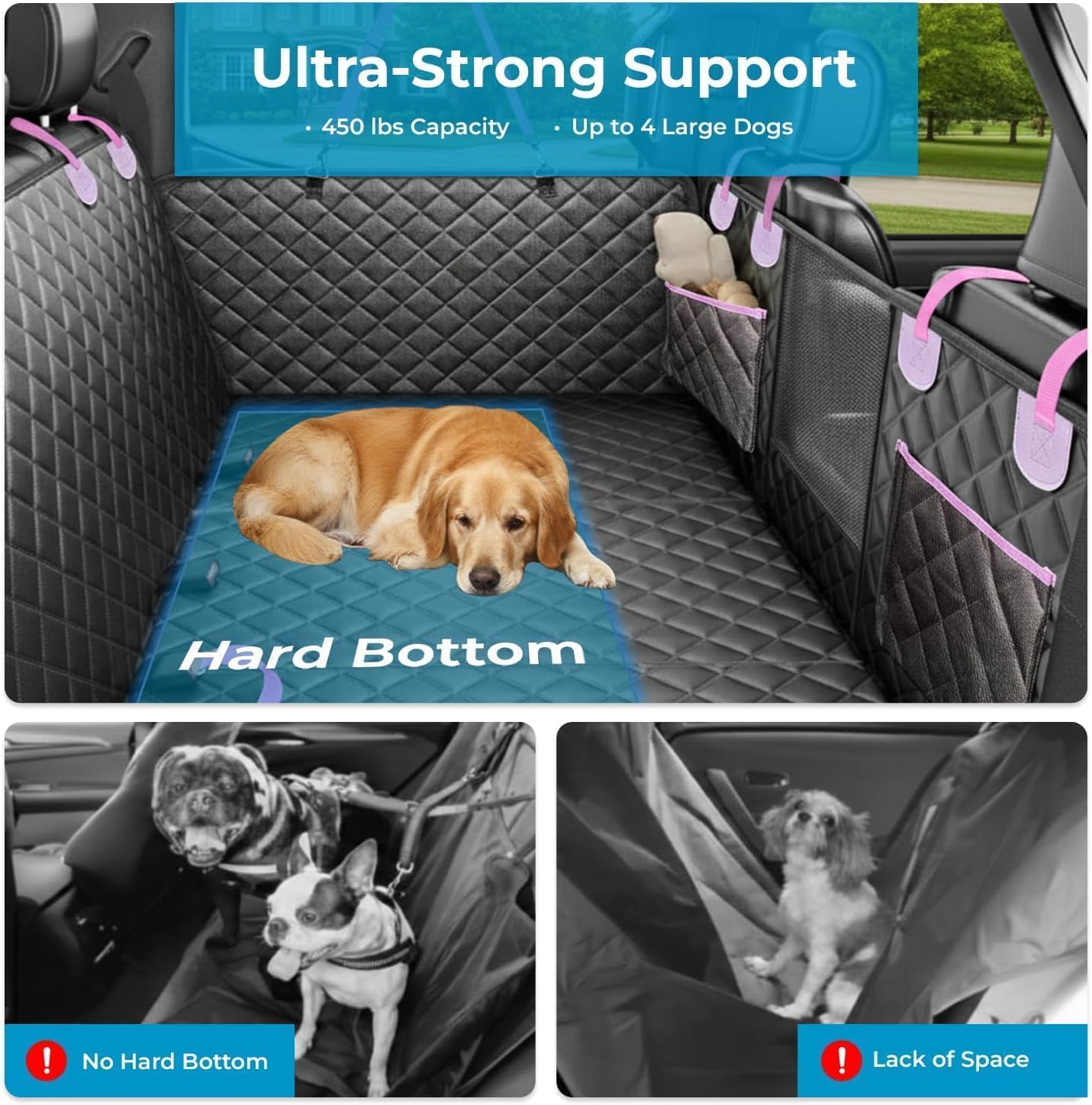 World Trip Dog Car Seat Cover for Back Seat, Hard Bottom 450 LB, 2026 Upgraded Oxford Fabric, Back Seat Extender for Dogs, Mesh Window, Waterproof Scratchproof, Extra Hair Glove, Fits Cars SUVs Trucks