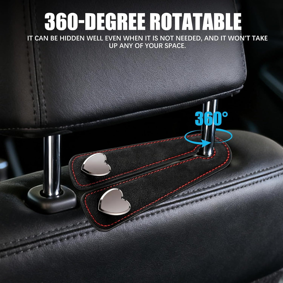 2PCS Car Seat Headrest Hook, Car Purse Holder, Suede Heart-Shaped Double Hooks Headrest Organizer, Heavy-Duty Multi-Functional Automotive Back Seat Phone Holder Universal for Most Vehicles