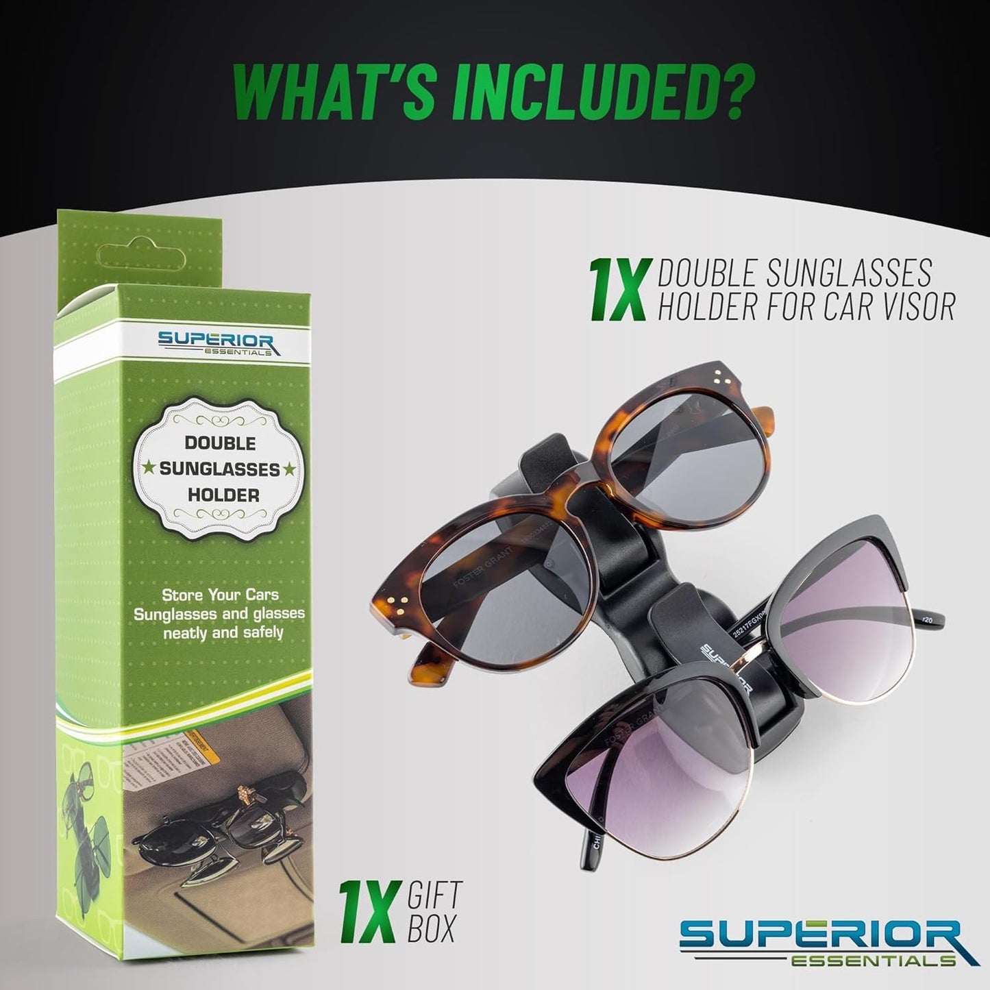 SUPERIOR ESSENTIALS Sunglass Holder for Car Visor Clip - Sun-Glasses Holder and Ticket Card Clips - Car Visor Accessories - Luxury Eyeglass Car Mount (Pack 2)