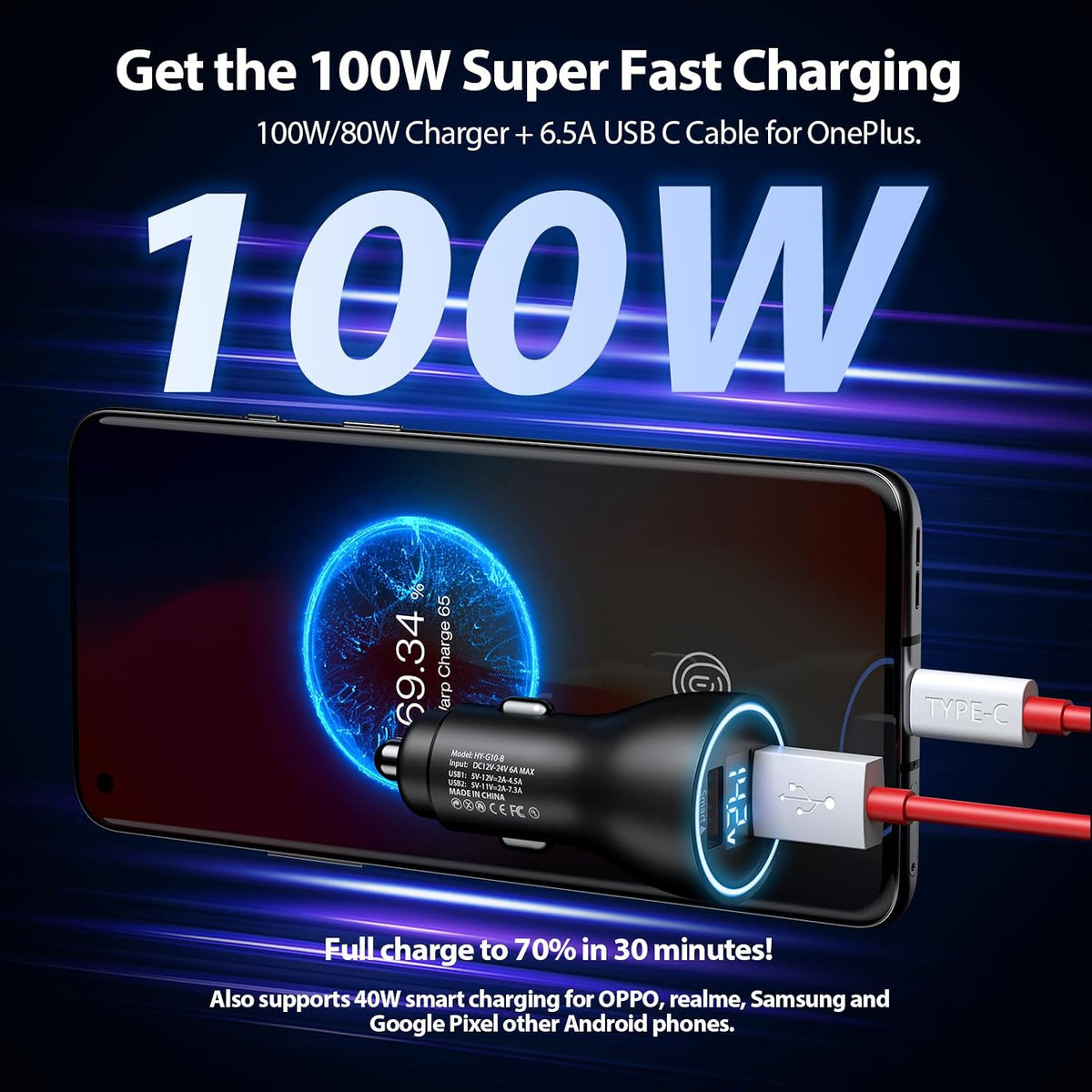 Car Charger for SuperVooc 100W 80W for OnePlus 13 15 13R 12R 12 11