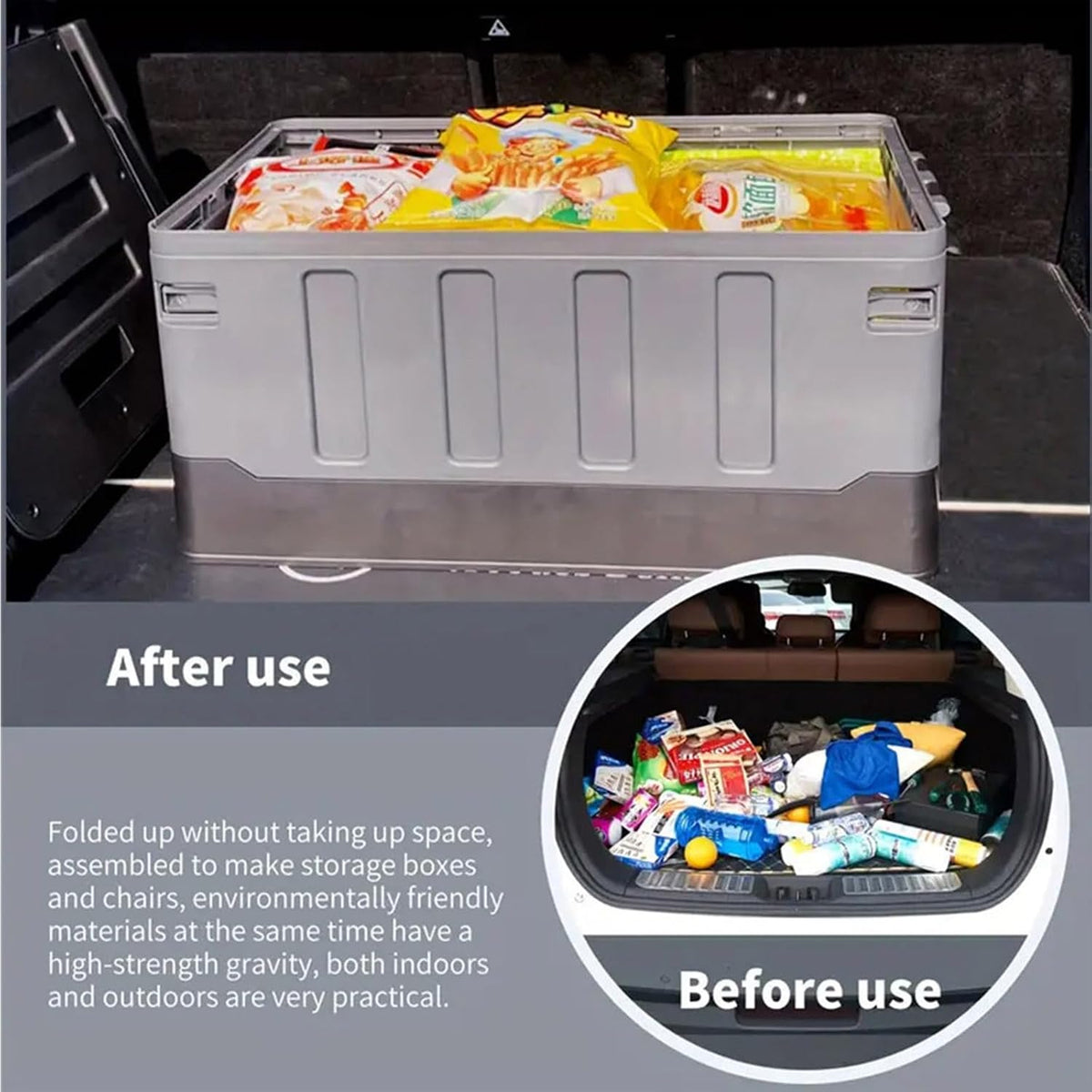 Versatile Foldable Seatable Car Organizer Box Heavy Duty Storage Bins With Lids Trunk,Durable Plastic,60L Can Store Clothes, Camping Equipment in Large Capacity (yellow)