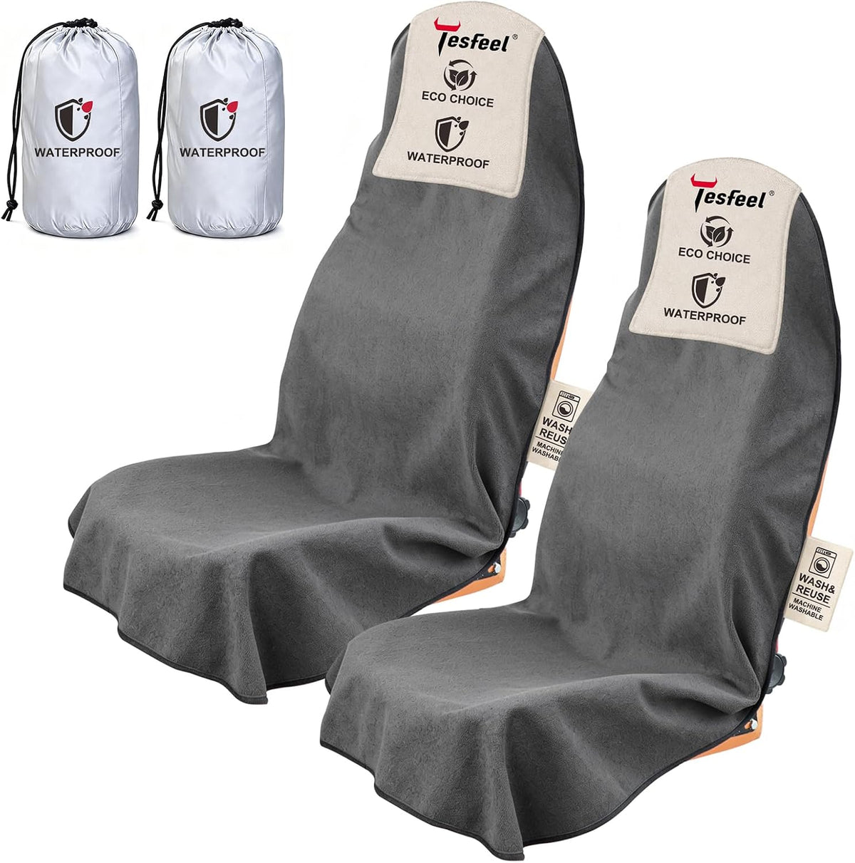 Towel Car Seat Covers for Sweat Protection, GRS Certified Recycled Microfiber Absorbent Front Seat Protector, Non-Slip Washable Universal Fit for Sedans SUV Minivans(2 Pack,Gray)