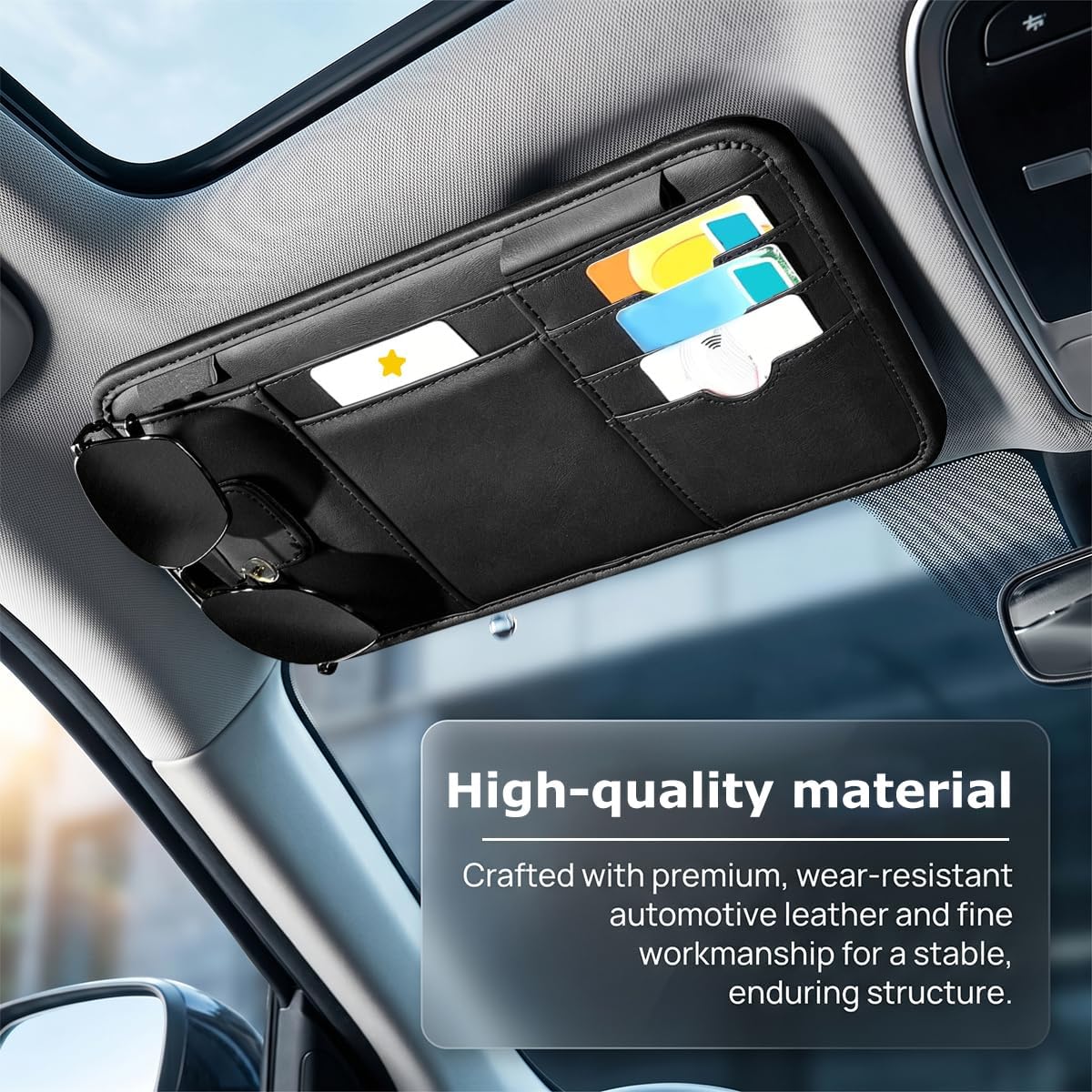 Car Visor Organizer, Multi-Pocket Scratch-Resistant Vehicle Sun Visor Storage Pouch with Sunglass Holder, Sunshade Eyeglasses Card Holder Organizer Bag Car Accessories, Universal Fit