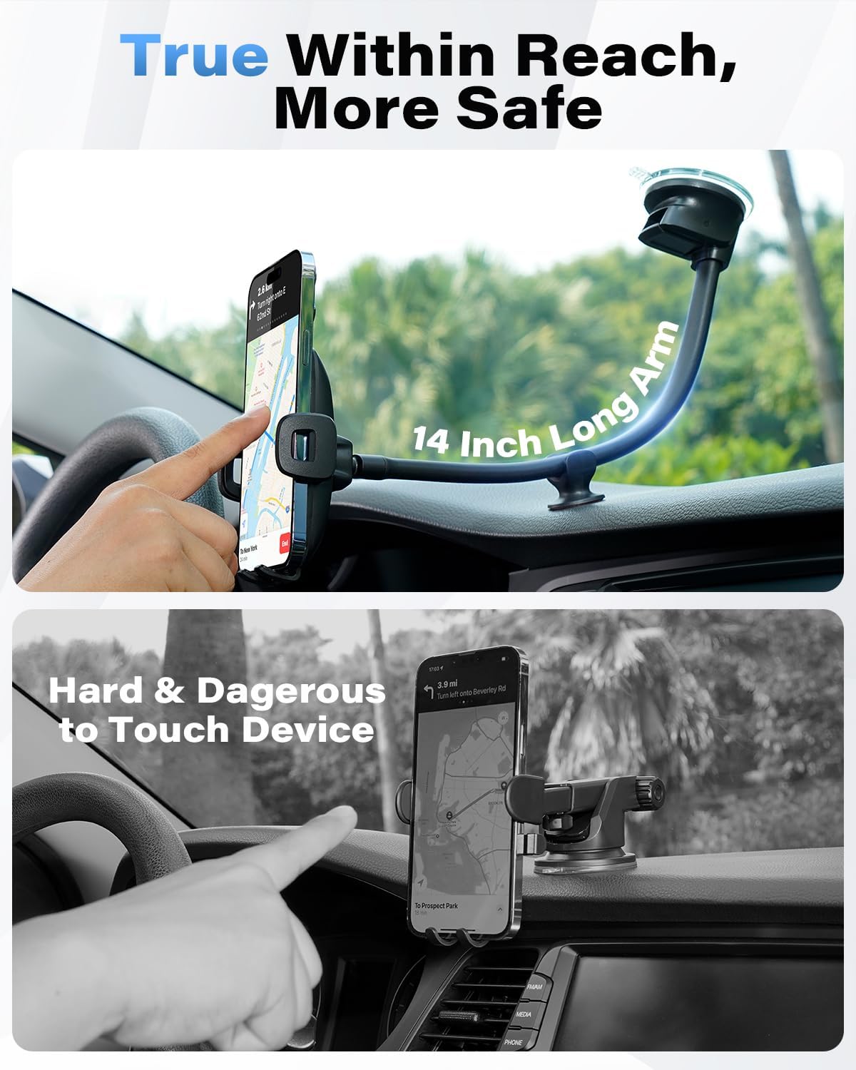 1Zero Solid Car Truck Phone Mount Holder Black with 14" Gooseneck Long Arm