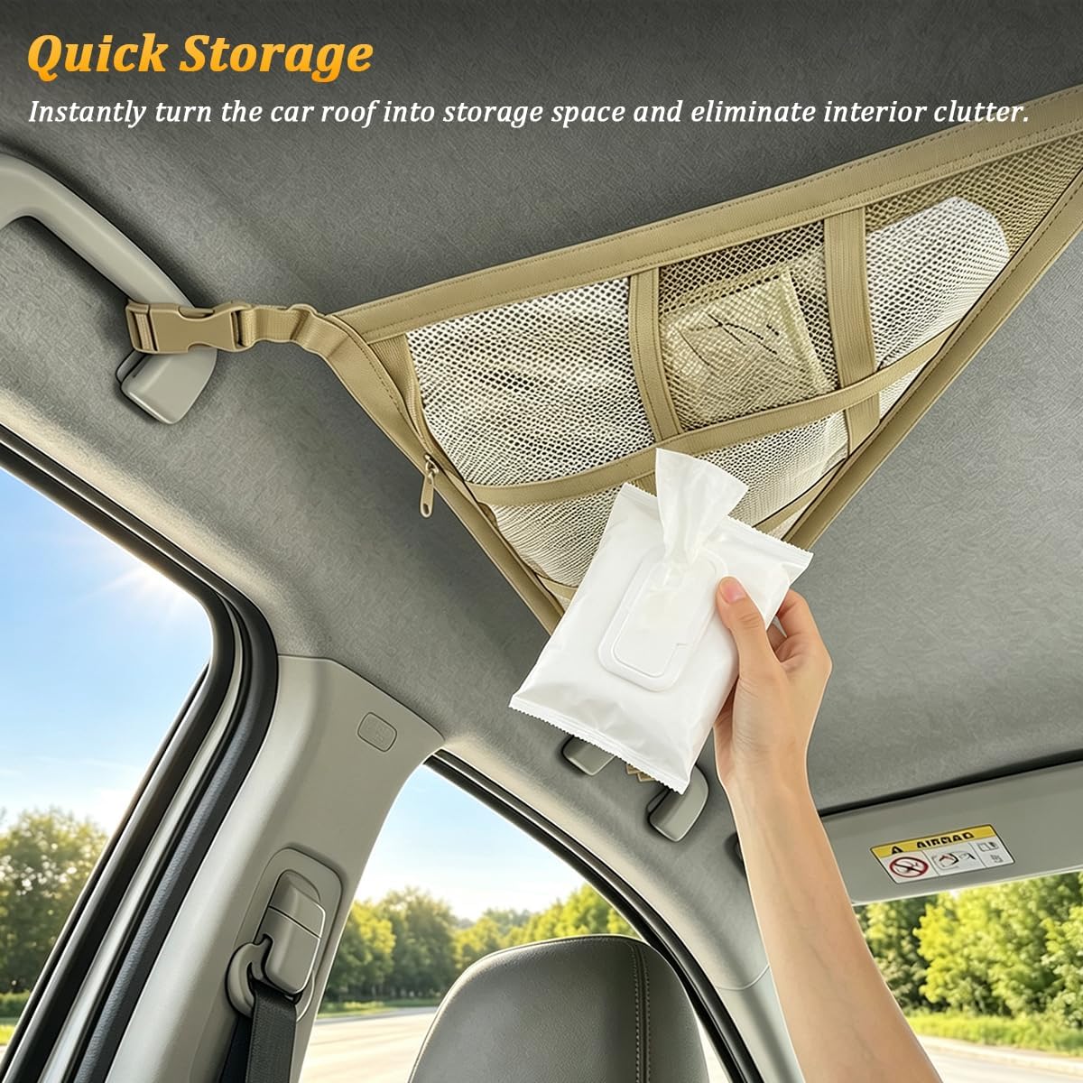 Car Ceiling Cargo Net, 31.50 × 20.87 Inches, 3 & 4 Handle, Beige