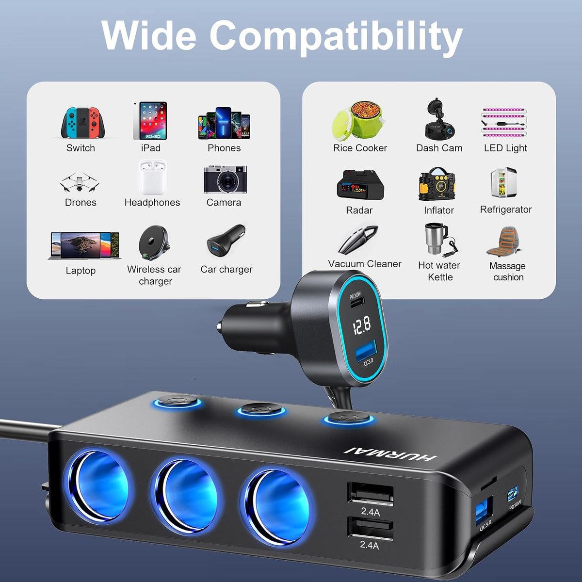 9-in-1 Cigarette Lighter Splitter 264W 3 Socket USB C Car Adapter