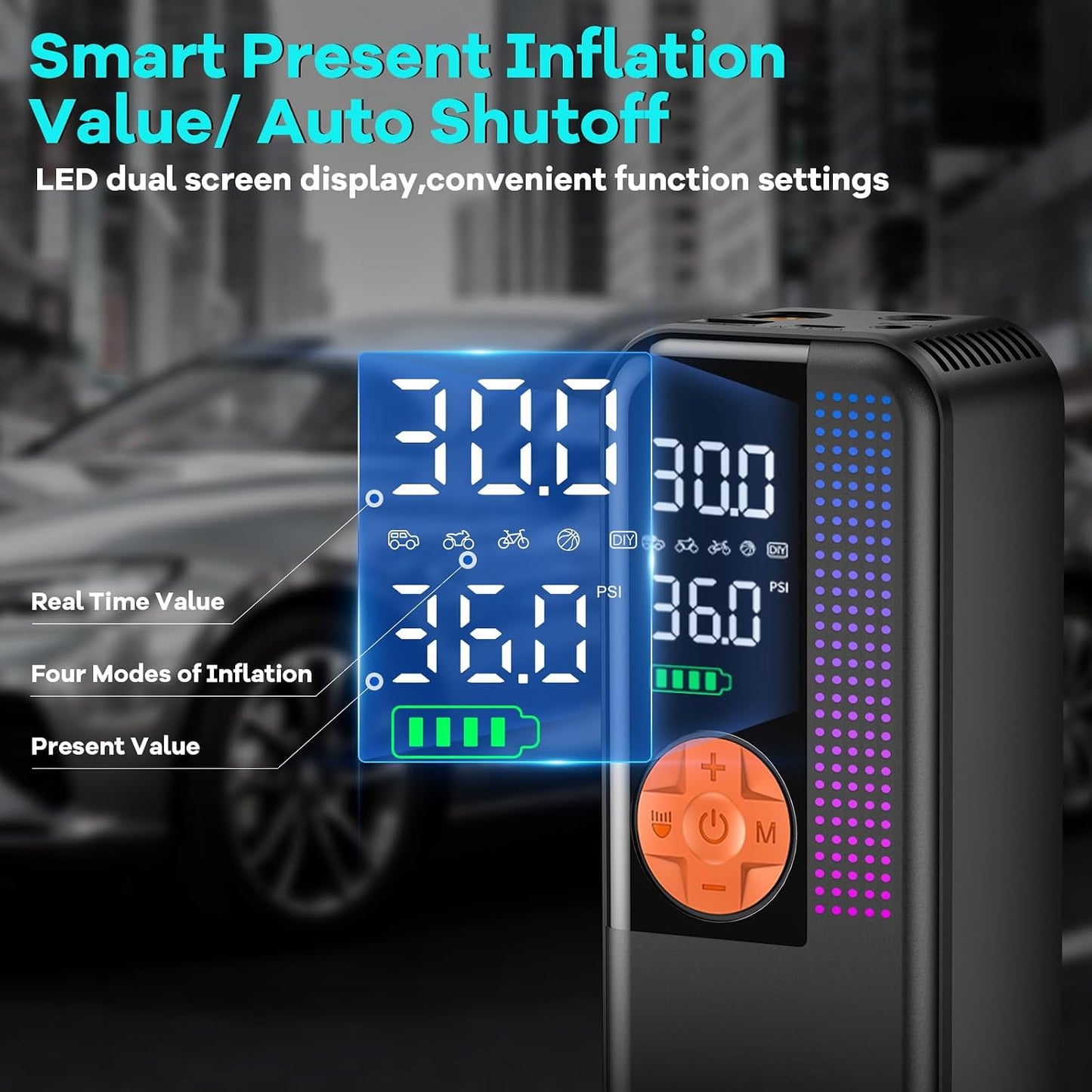 WEOLULI Tire Inflator Portable Air Compressor,150 PSI Cordless Air Pump, 12V DC Car Plug,Dual Power 10000mAh, Fast Inflation 24L/Min, 4 Preset Modes for Car, Bike, Motorcycle, Balls(Orange, 10000mAh)