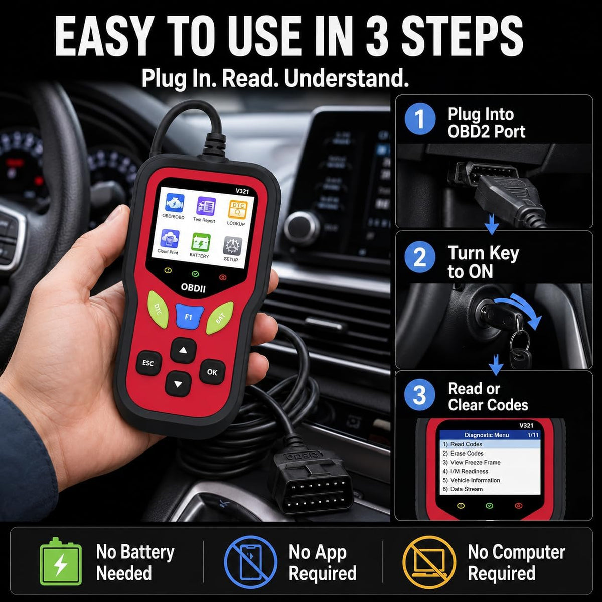 V321 OBD2 Scanner Diagnostic Tool - Erase Engine Light Code Scanner Tool with Reset, 30000+ DTC, Data Printed, Data Stream, I/M Readiness, Car & Truck Scan Tool for All Vehicles Since 1996